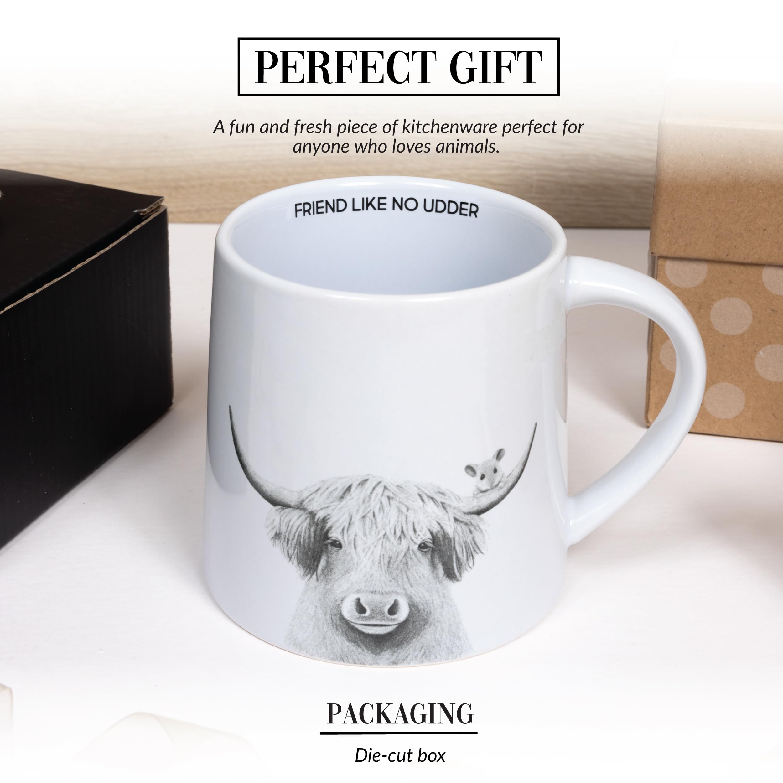 Pavilion Gift Company - Friend Like No Udder - Taza de café de 17 onzas, diseño de vaca de las tierras altas y ratón de campo