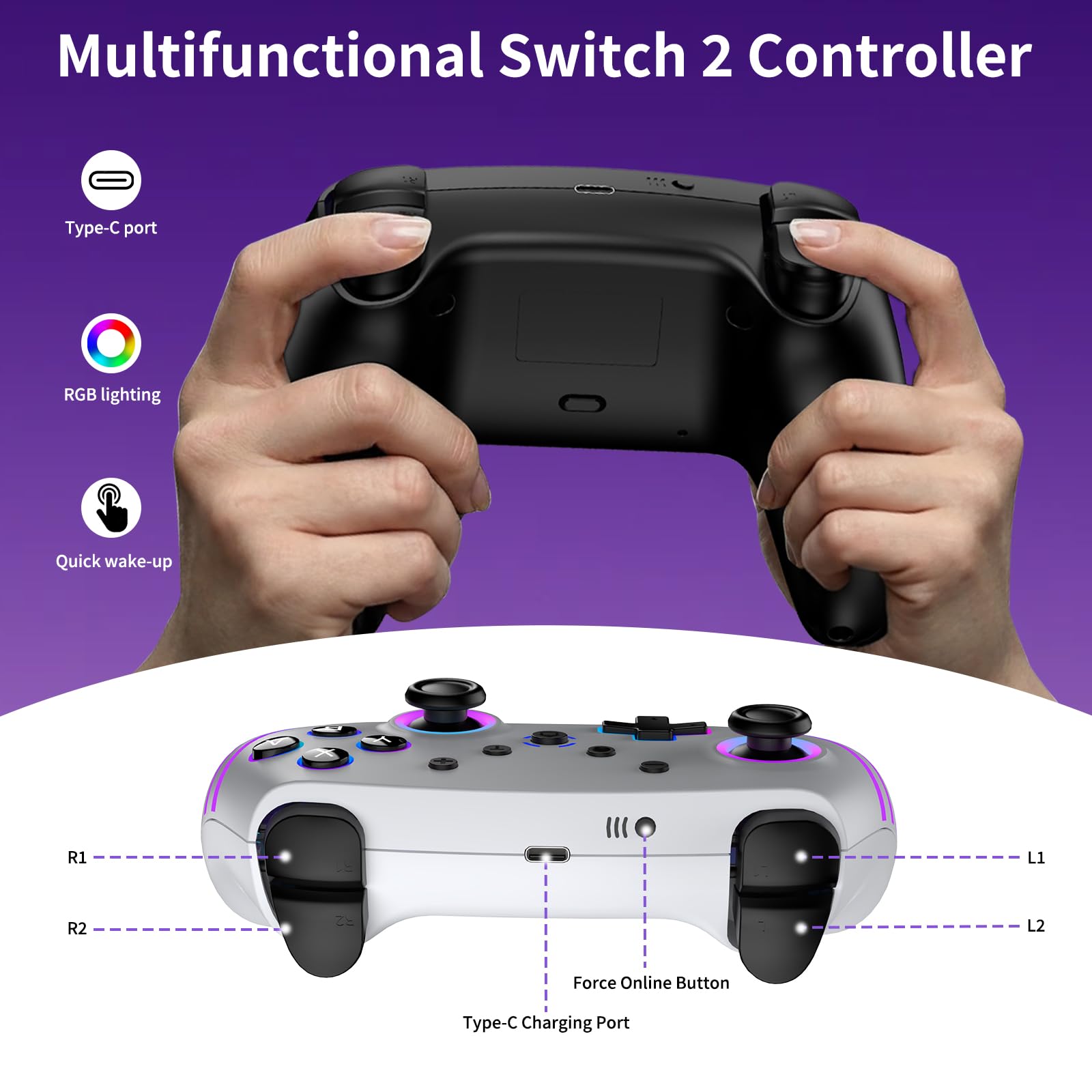 Controller Switch 2 (2 pezzi) con stazione di ricarica, controller Switch per Switch 2/Switch/Lite/OLED/PC, controller Switch 2 Pro con RGB/Wake-up/Giroscopio/Doppia vibrazione/Turbo/Screenshot