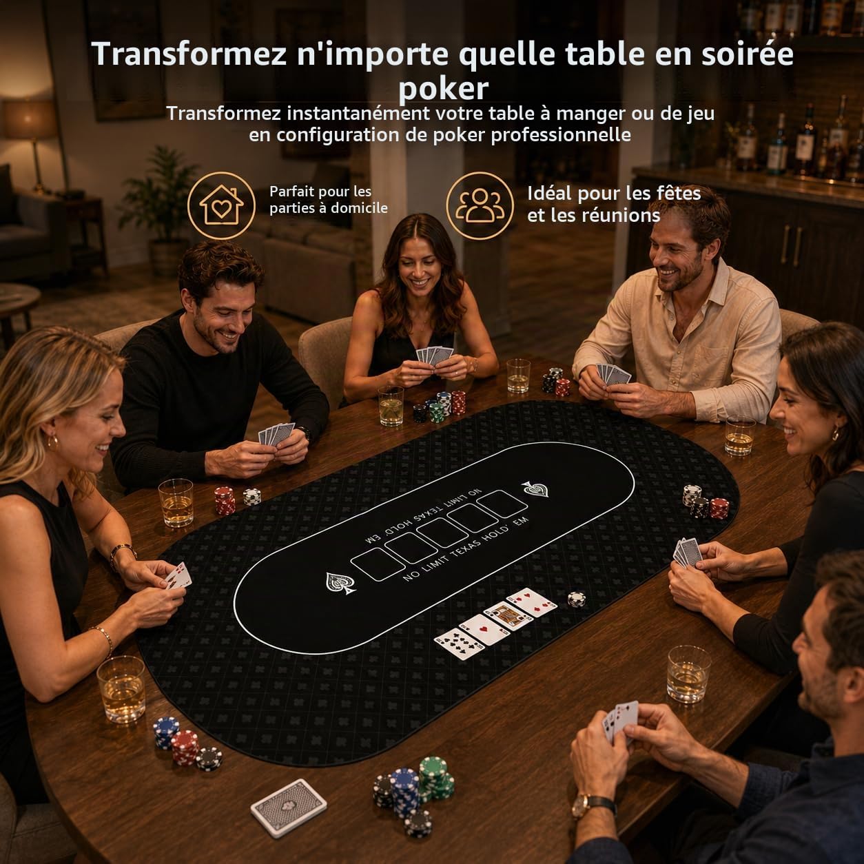 Tapis de poker 180 x 90 cm, 10 joueurs Texas Hold'em en caoutchouc pour tables, table de poker pliable et portable avec sac de transport pour jeux de poker, blackjack