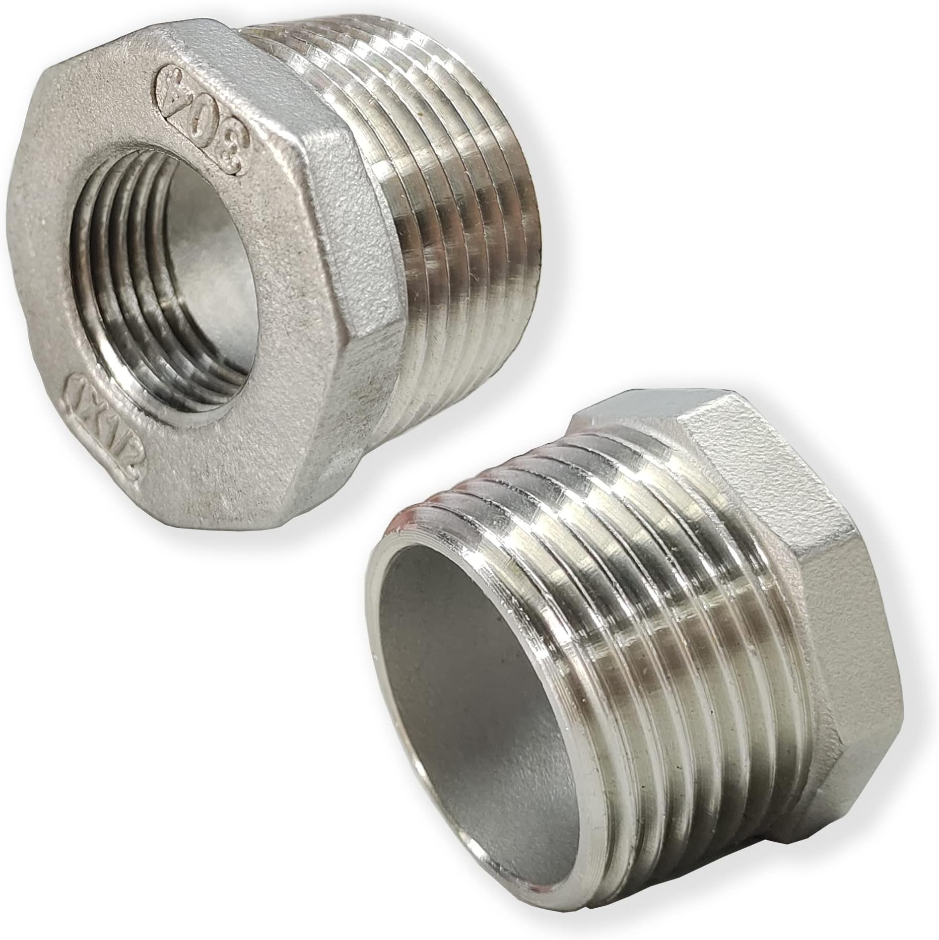 ZOUNI 2 Pcs Reducer Hex Bushing, 304 Stainless Steel 1" Male NPT to 1/2" Female NPT( 1"MNPT - 1/2"FNPT) Pipe Fitting Hex Bushing, Heavy Duty Pipe Fitting Reducer Adapter