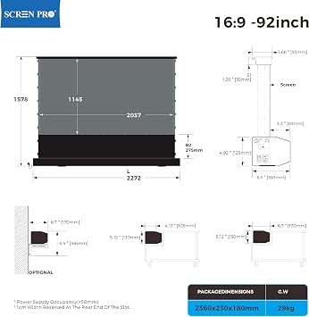92 Floor Rising ALR UST Screen, Motorized, RF Remote, 16:9 4K | 93% Ceiling ALR, 0.85 Gain, 178 View, 8K/4K 3D, Quiet Tubular Motor & Anti-Pinch, For UST Laser Projectors, No Drill - Black