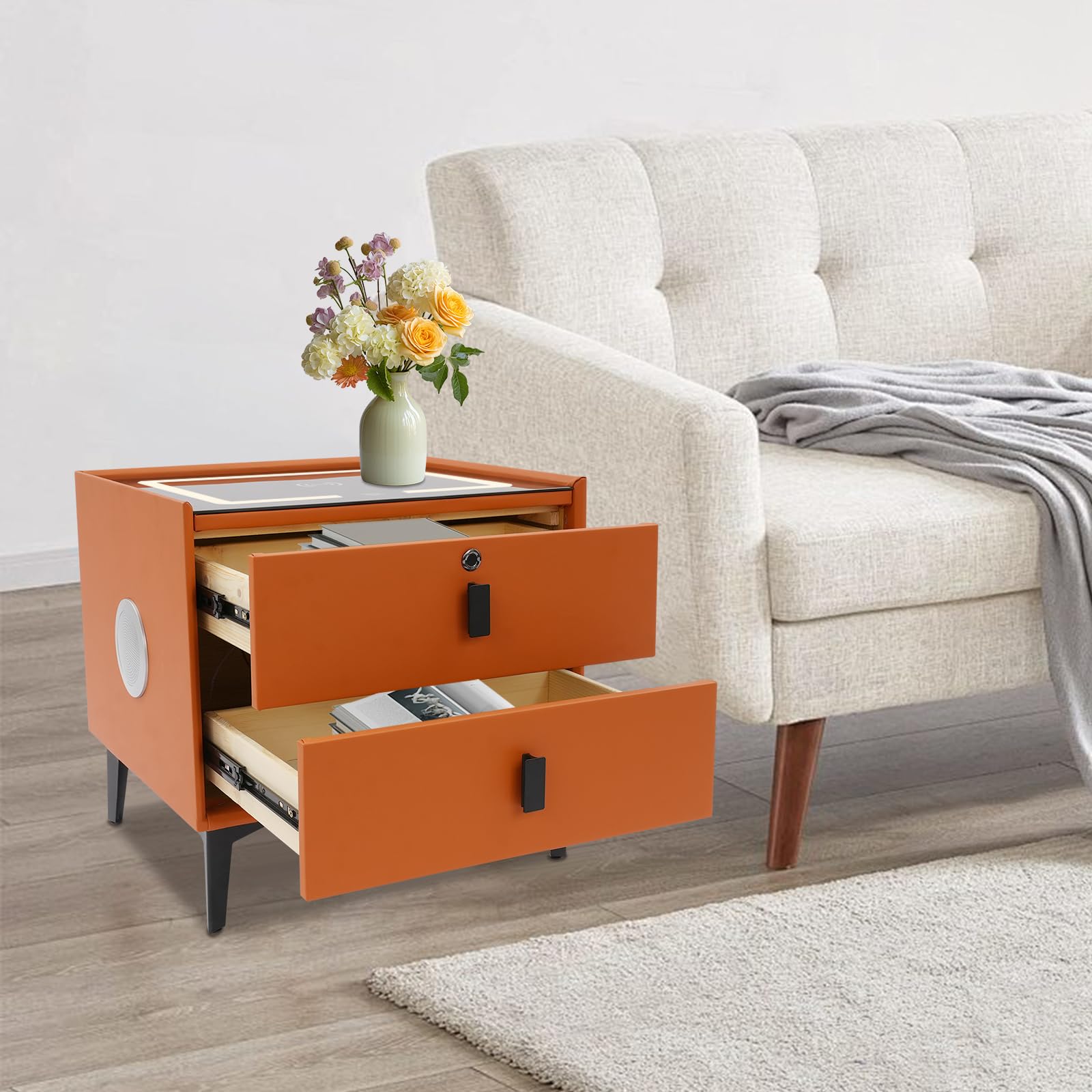 Kompakter Smart Nachttisch 50x40x46cm, Elektrischer Nachttisch USB Ladestation, Fingerprint Schloss, Bluetooth Box, 2 Schubladen und 3 farbige LED-Beleuchtung (Orange)