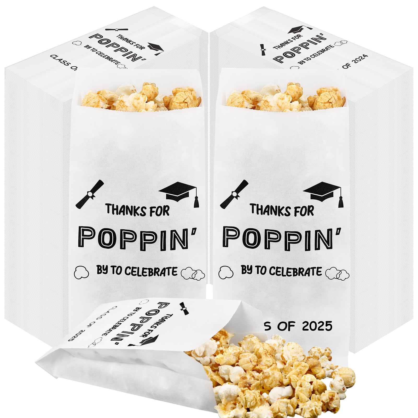 Sunnychicc 200 Pcs Class of 2025 Popcorn Bags Graduation Party Favors Snack Goodie Cookie Bags Grease Resistant Paper Individual Servings for Graduation Party Favors Pop Corn Bag(White)