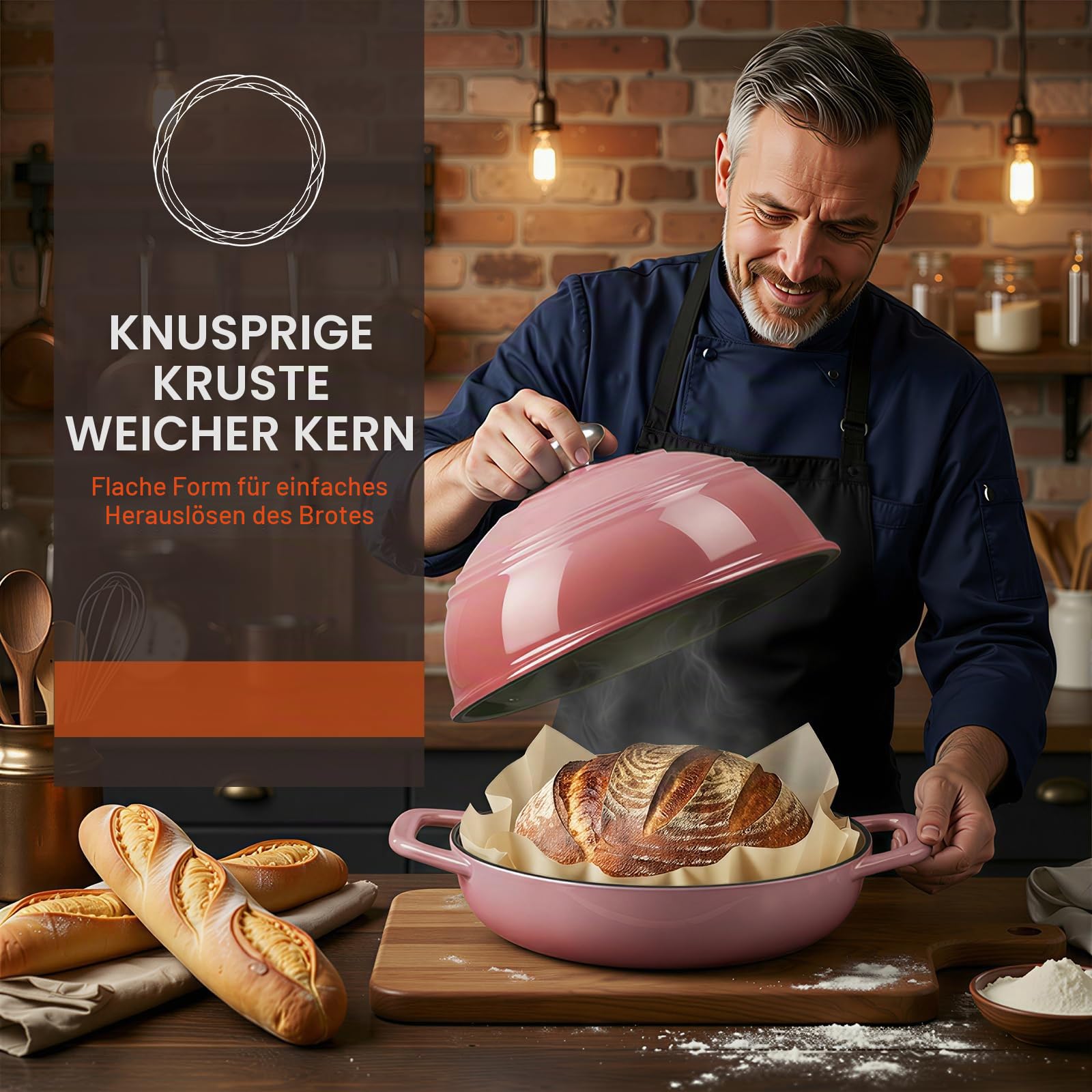 Overmont Gusseisen Topf Emaille Brotbacktopf - 5.7L Bräter Schmortopf mit Deckel und Kochbuch – für Küche Backen Schmoren Braten - Rosa | Hoher Brottopf mit Topflappen, für Sauerteigbrot Backen Handwerkerbrote, knusprige Kruste & bessere Ofenfeder, 260°C