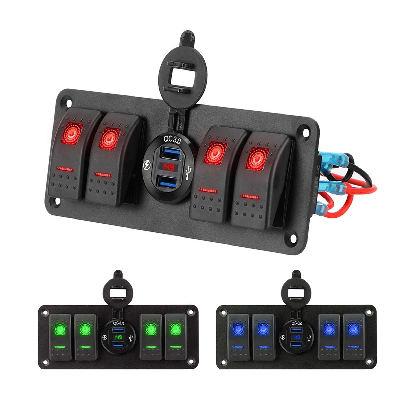 4-kanałowy panel przełączników samochodowych, kołyskowych, do sterowania obwodem 12~24V, cyfrowy woltomierz, gniazdo kombinowane, samochód SUV