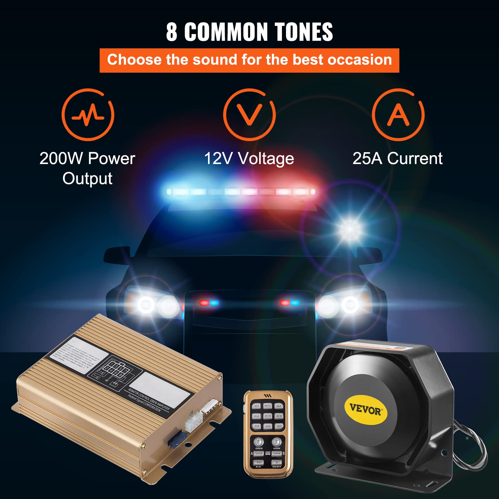VEVOR Głośniki samochodowe alarm Host 200 W megafon 8 dźwięków syreny, 12 V DC, elektroniczne ostrzeżenie, system głośników, super głośny pilot zdalnego sterowania, światło LED, do samochodu, pojazdu