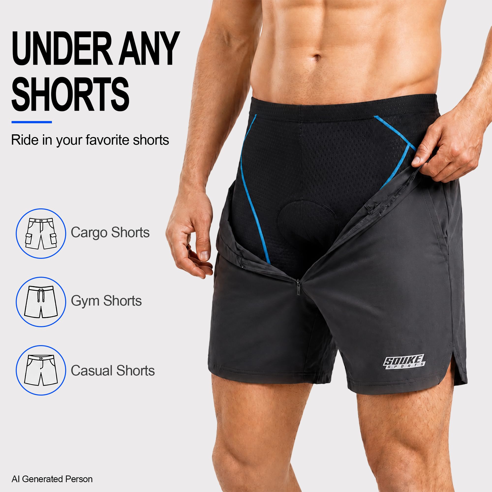 Souke Sports Herren Radunterhose 4D Gepolstert Fahrrad MTB Liner Shorts mit Anti-Rutsch-Beingriffe