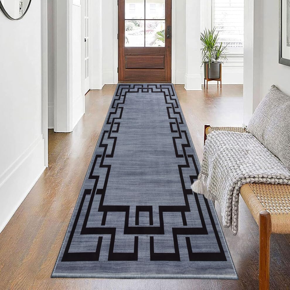 BedLooms Carpet Runners for Hallway Non-Slip long 80 x 300 cm Living room Grey and Black Runner Rugs – Greek Key Pattern Modern Low Pile Bedroom Carpets (Nico)