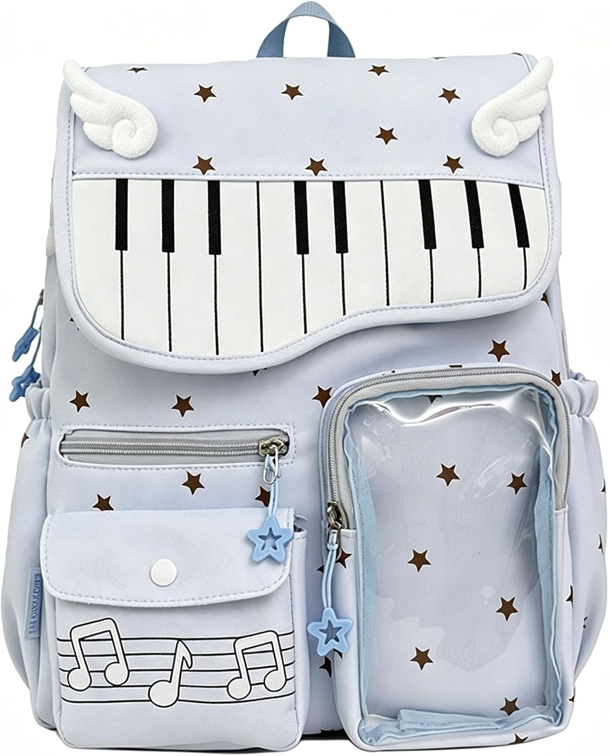 YFGBCX Kawaii Piano Ita Backpack for Women, Clear Window Bookbag With Angel Wing Accents, Music Aesthetic Daypack for Campus (Blue)