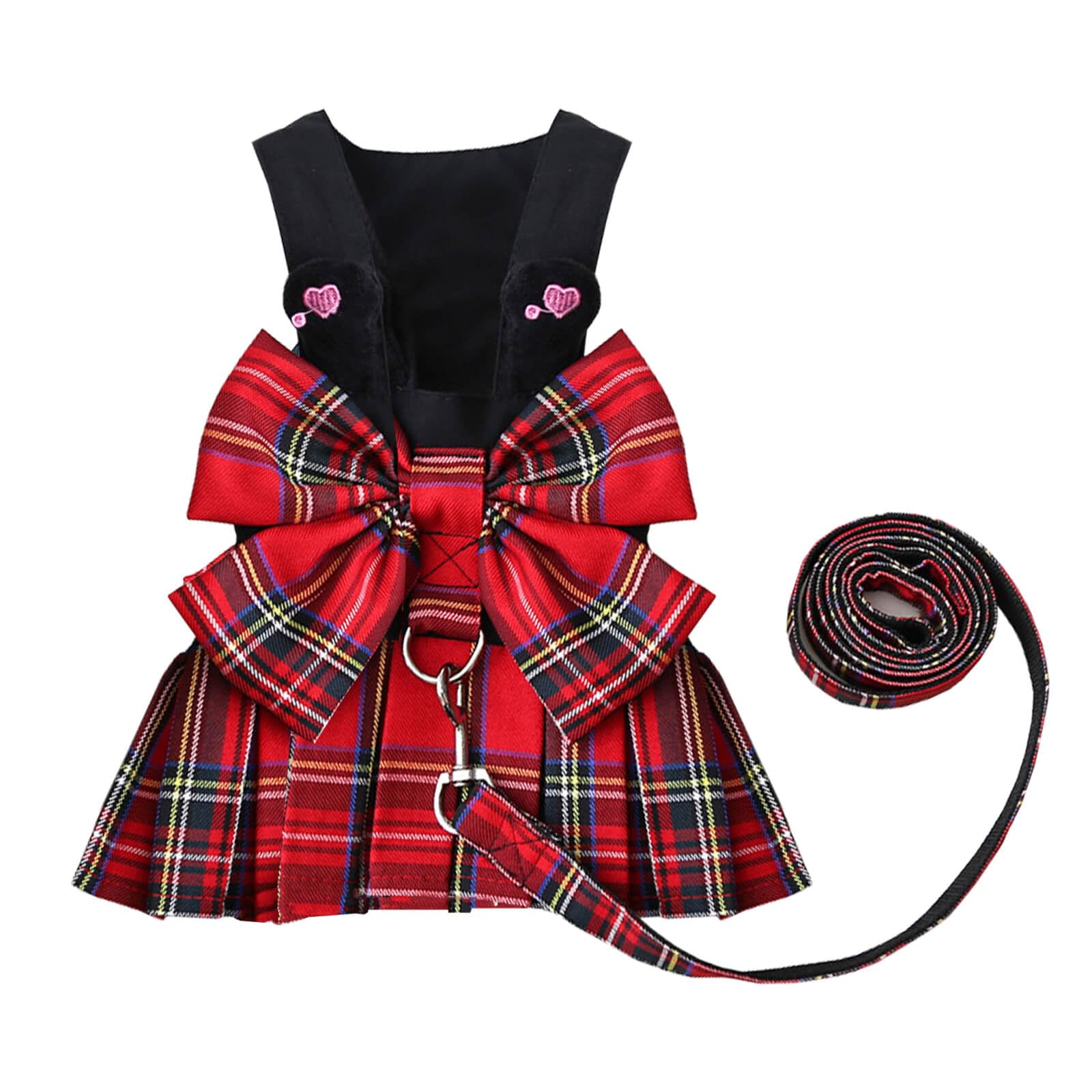 Dog Dresses Puppy Bowknot Luxury Princess Plaid Skirt Summer Outfits Clothes Harness and Leash Tutu Skirt Cute Doggie Dress for Small Dog Girl Black Red M