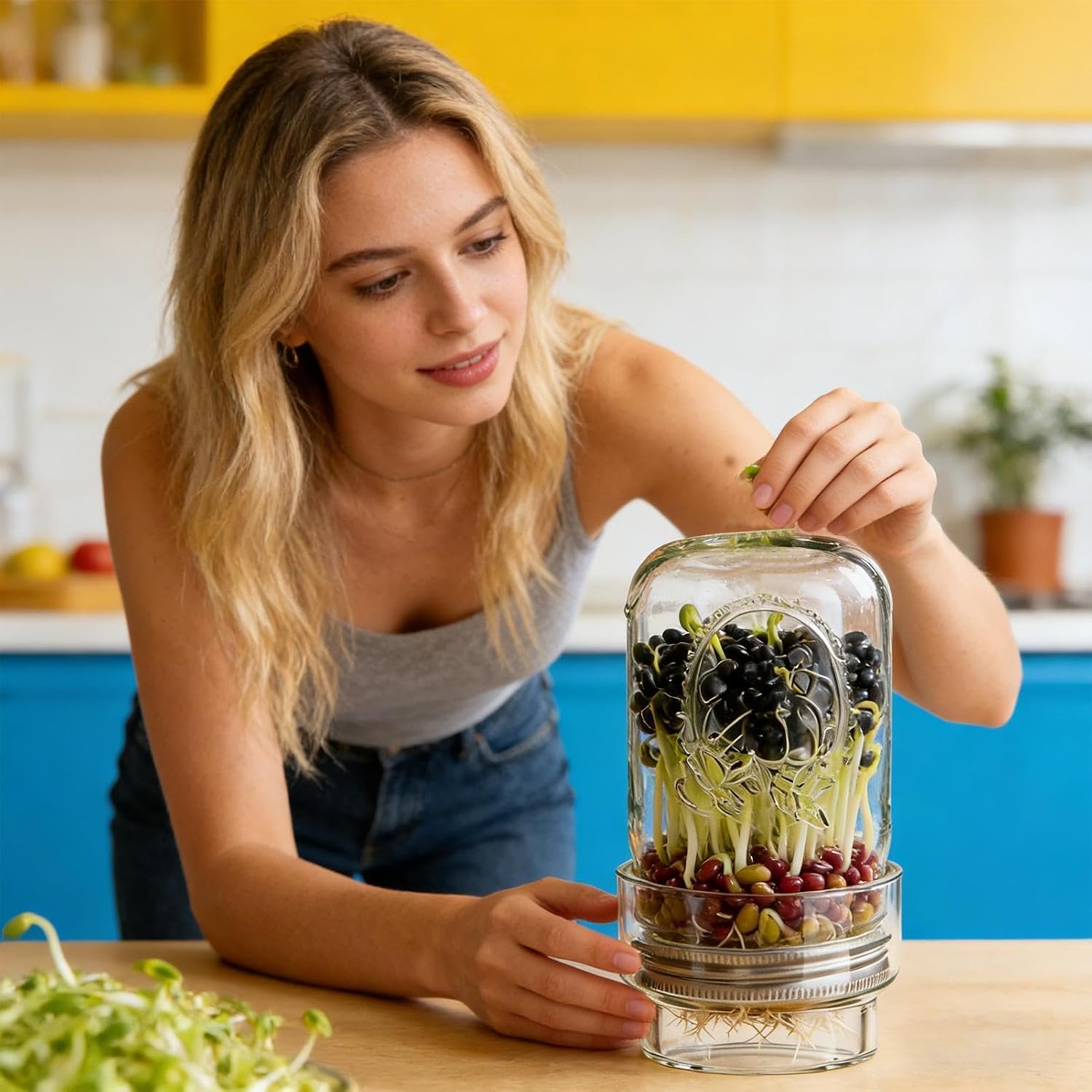 Sprouting Jar Kit, Mung Bean Growing, Broccoli Growing Kit, Easy DIY Indoor Sprout Starter, Healthy Fresh for Kitchen Countertop, Windowsill, Pantry Shelf, Home, Apartment