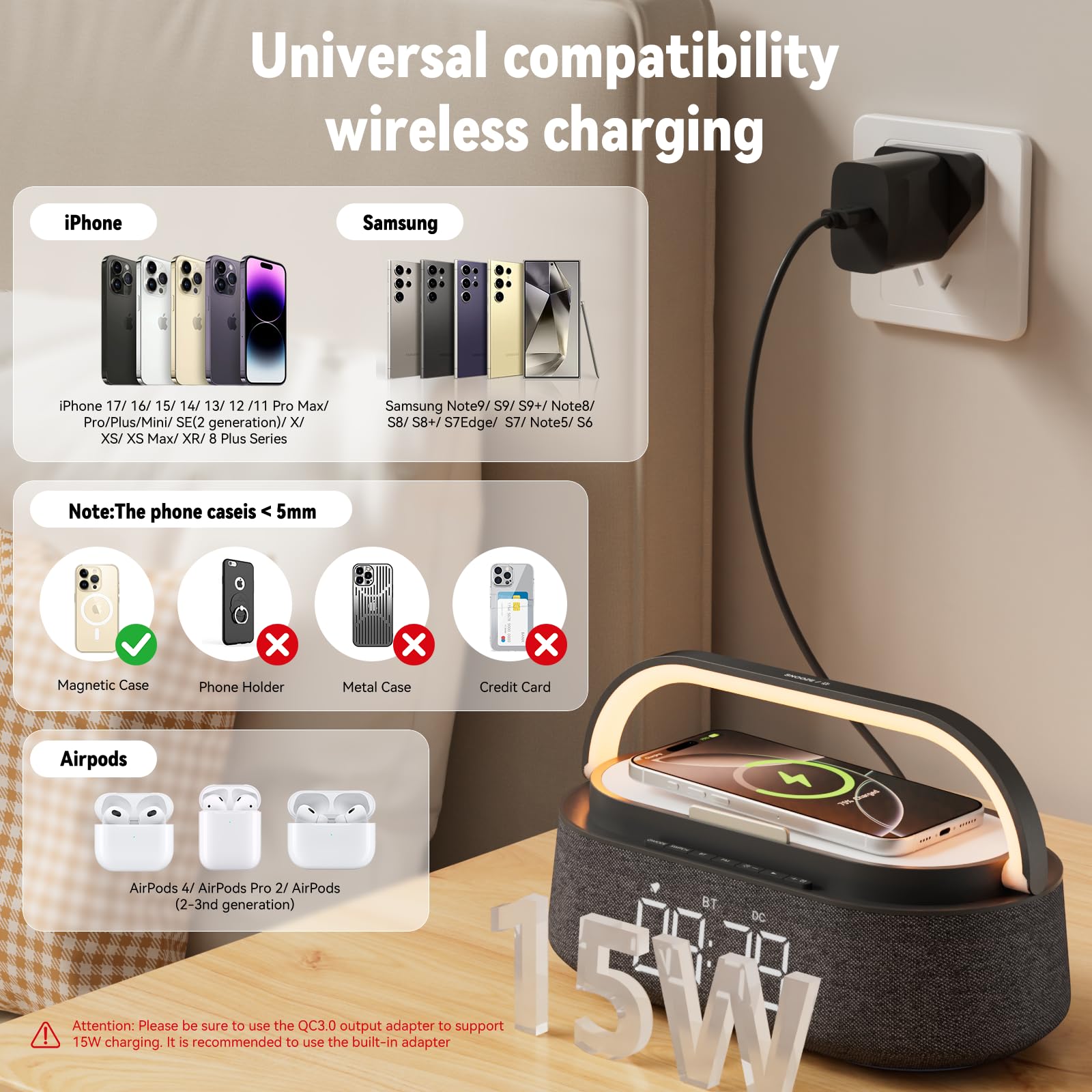 COLSUR Altoparlante Bluetooth con radio, caricabatterie wireless veloce da 15 W, radio FM, luce notturna da comodino per chi dorme pesante, snooze, display a LED dimmerabile, batteria da 2500 mAh