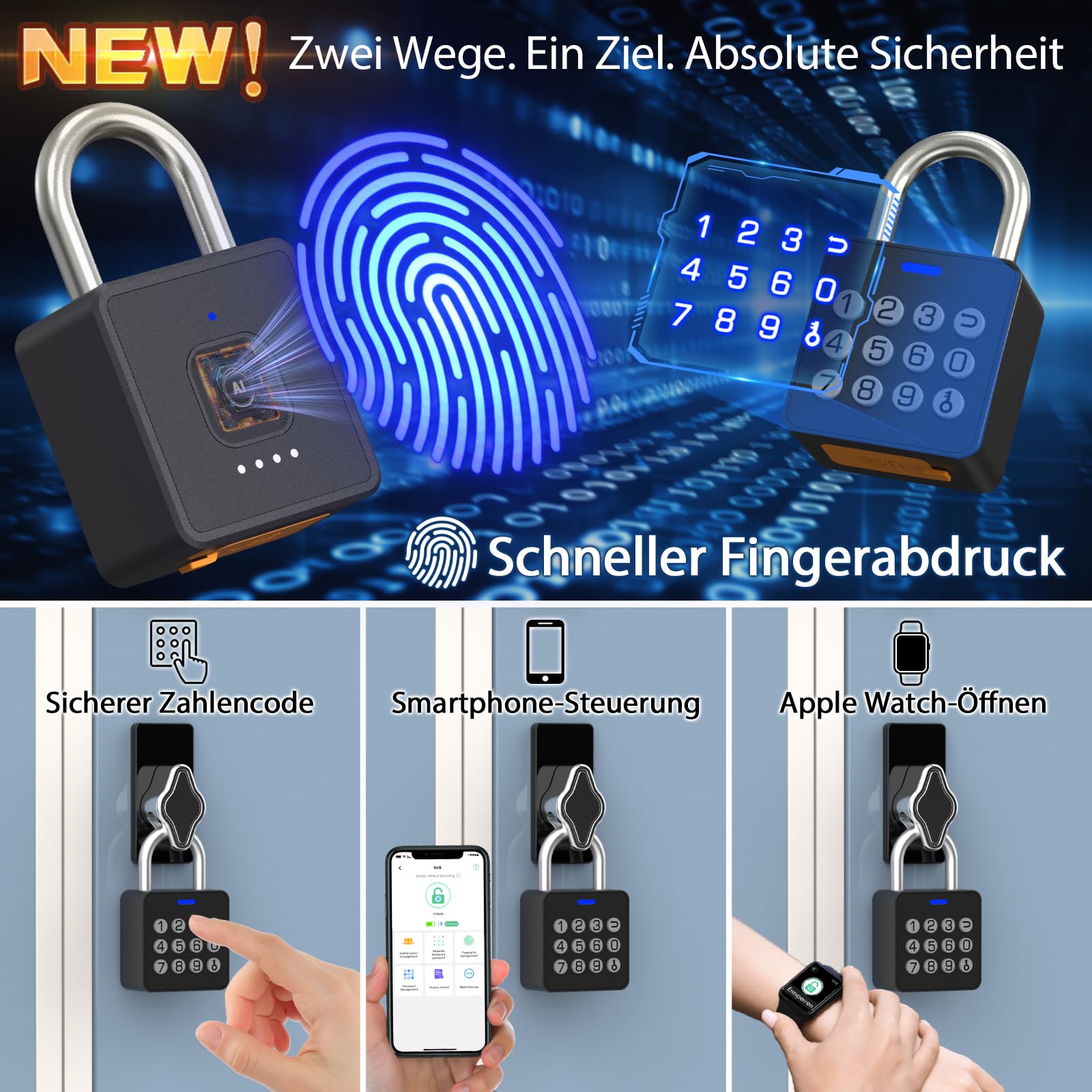 Eseesmart Fingerabdruck Schloss mit Zahlencode, Vorhängeschloss mit Fingerabdruck Code App-Steuerung, Smart Elektrisches Biometrie Wetterfest Schloss für Spind Keller Gartentür Locker