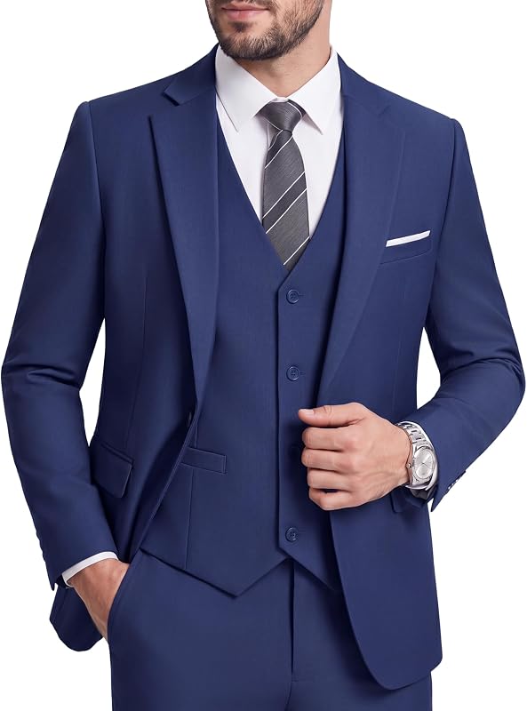 Men's 3 Piece Suit Set, One Button Slim Fit Solid Jacket Vest Pants, Prom Party Wedding Business Suits for Men