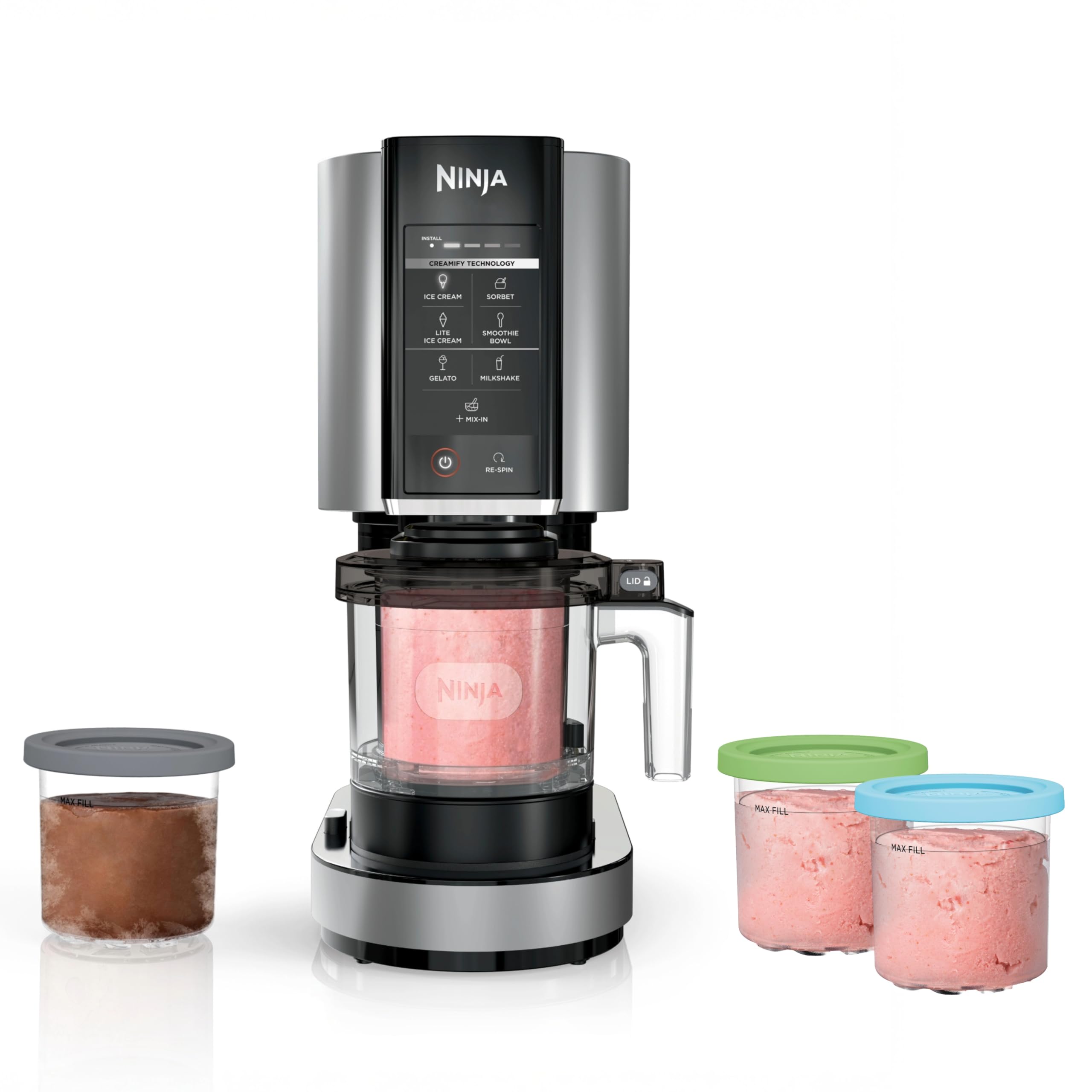 NinjaCREAMi | Ice Cream Maker Bundle | Includes (4)16 oz. Tubs for Gelato, Mix-ins, Milkshakes, Sorbet, Smoothie Bowls & More| 7 One-Touch Programs| Compact Size| Perfect for Kids | Silver