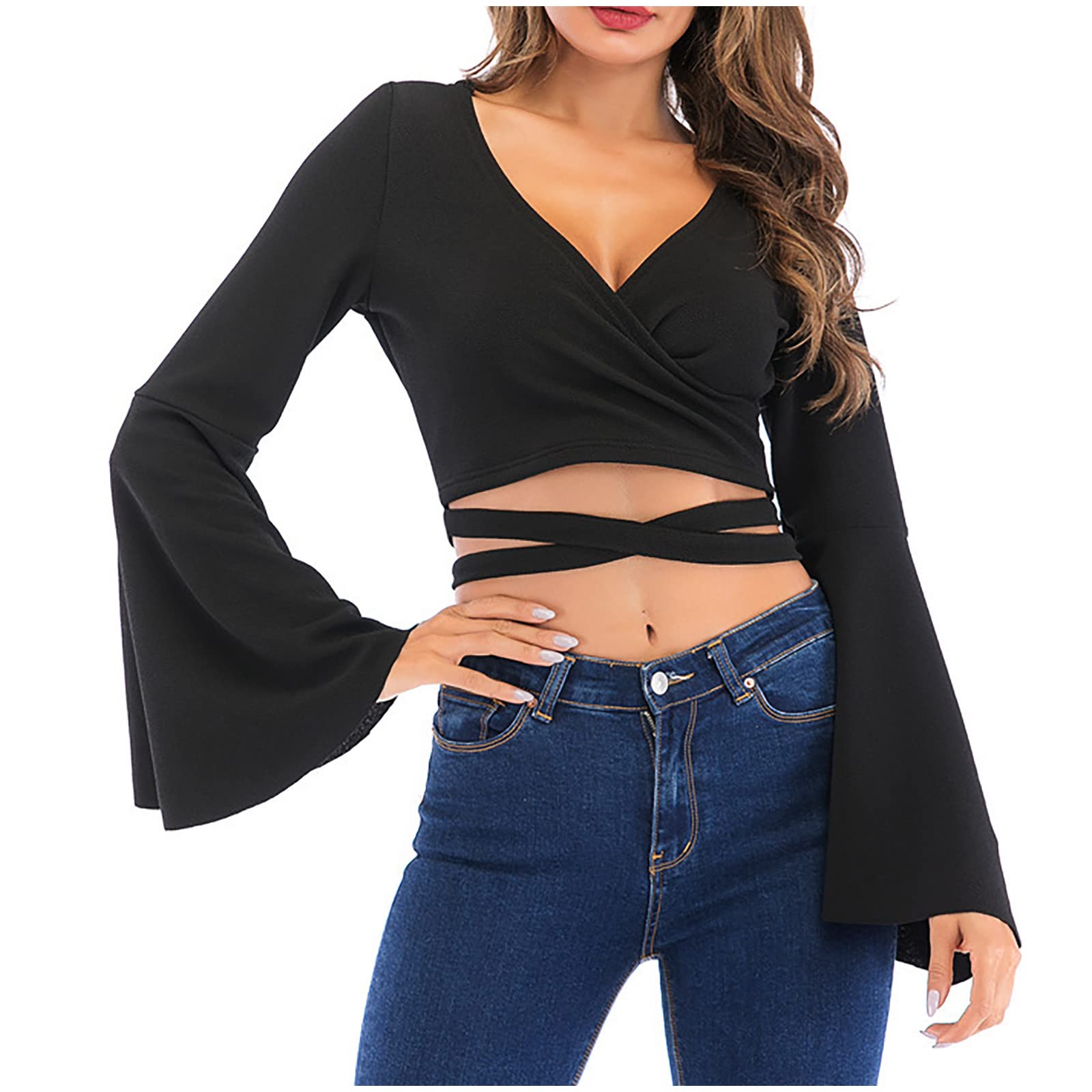 RKaixuni Early Cyber of Monday Women Casual Long Bell Sleeve Crop Tops Loose V-Neck T Shirt Flare Sleeve Shirt Tops Wrap Blouse 2024 Fashion Clothes Black