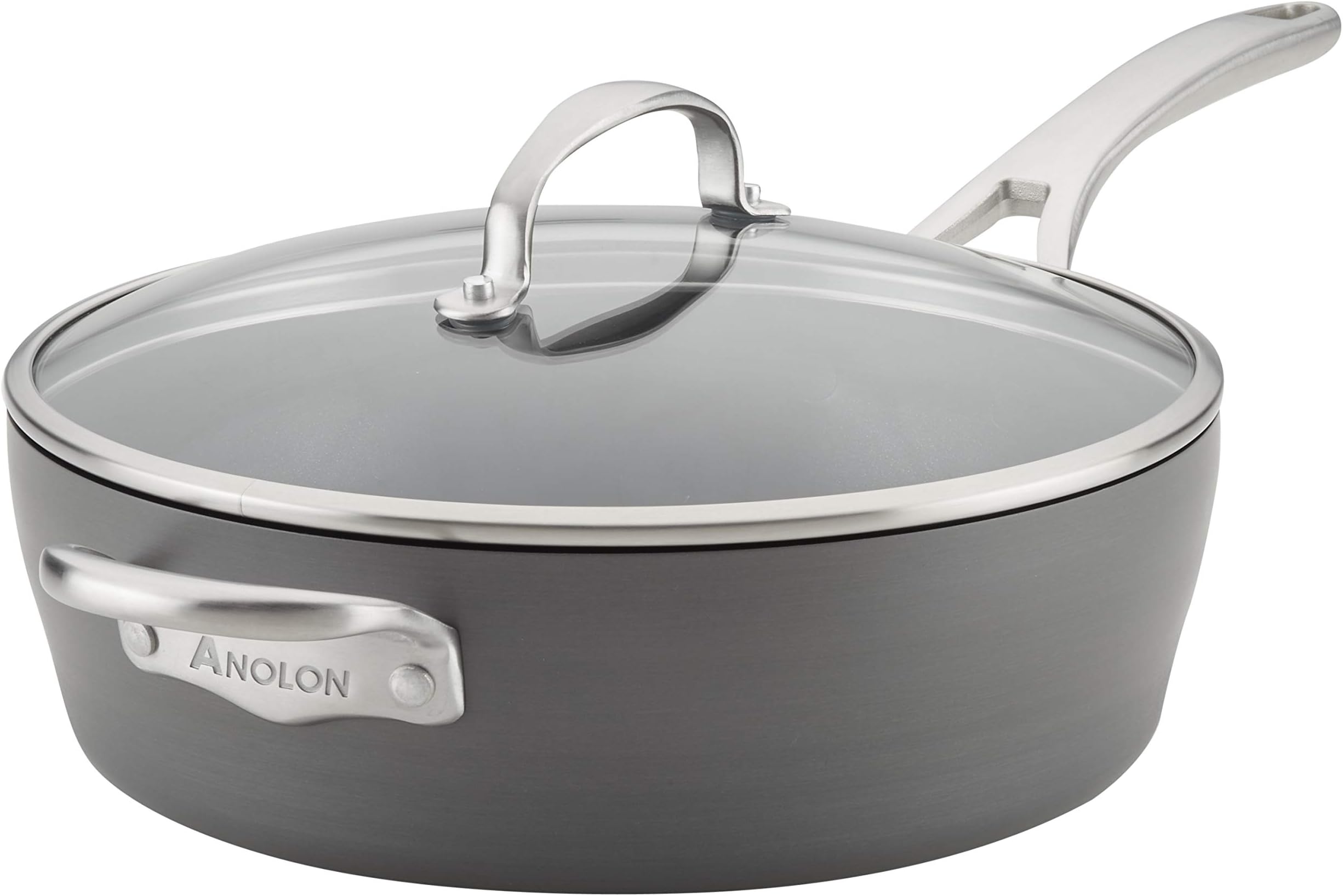 Anolon 5-Qt. Covered Sauté Hard Anodized Aluminum Sauteuse, Saute Pan, 5 Quart, Dark Gray,81173