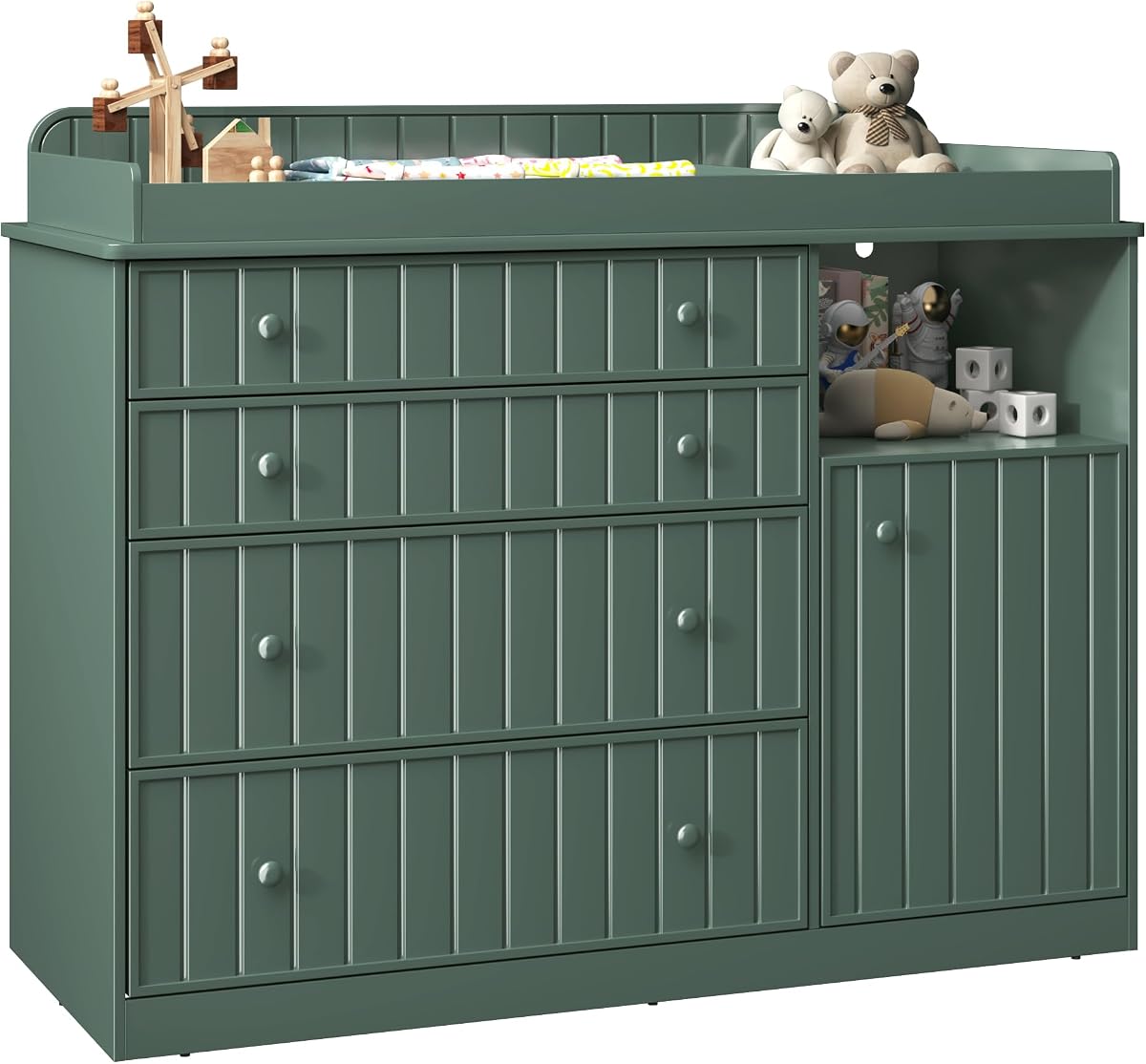Cómoda cambiador verde con 4 cajones, mesa para pañales para guardería de bebé | 37 pulgadas de alta ergonomía, 4 cajones, gabinete, espacio abierto, rayas enrutadas, diseño envolvente curvo, diseño antivuelco
