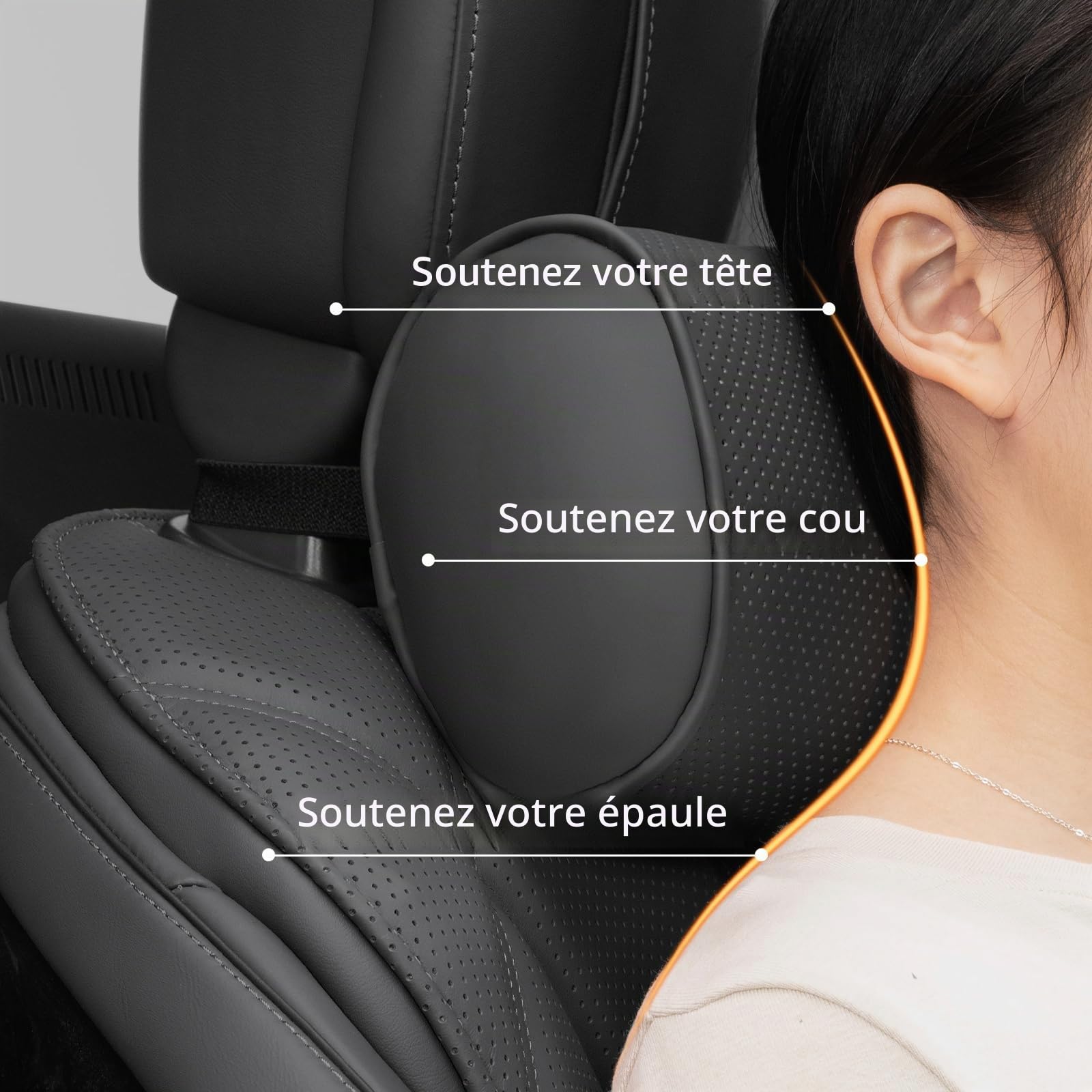 Coussins Appuie Tête Voiture, Support de Nuque D'appuie Repose-Tête Cervical Oreillers de Cou avec Cuir Mousse à Mémoire pour Le Siège d'Auto Conduite Passager Voyage, Noir, 2 Pièces