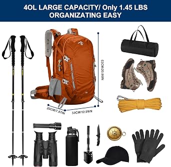 Long Keeper Hiking Backpack - Waterproof 40L Camping Daypack with Rain Cover Lightweight Outdoor Sport Backpack for Treking Climbing Skiing Cycling Travel