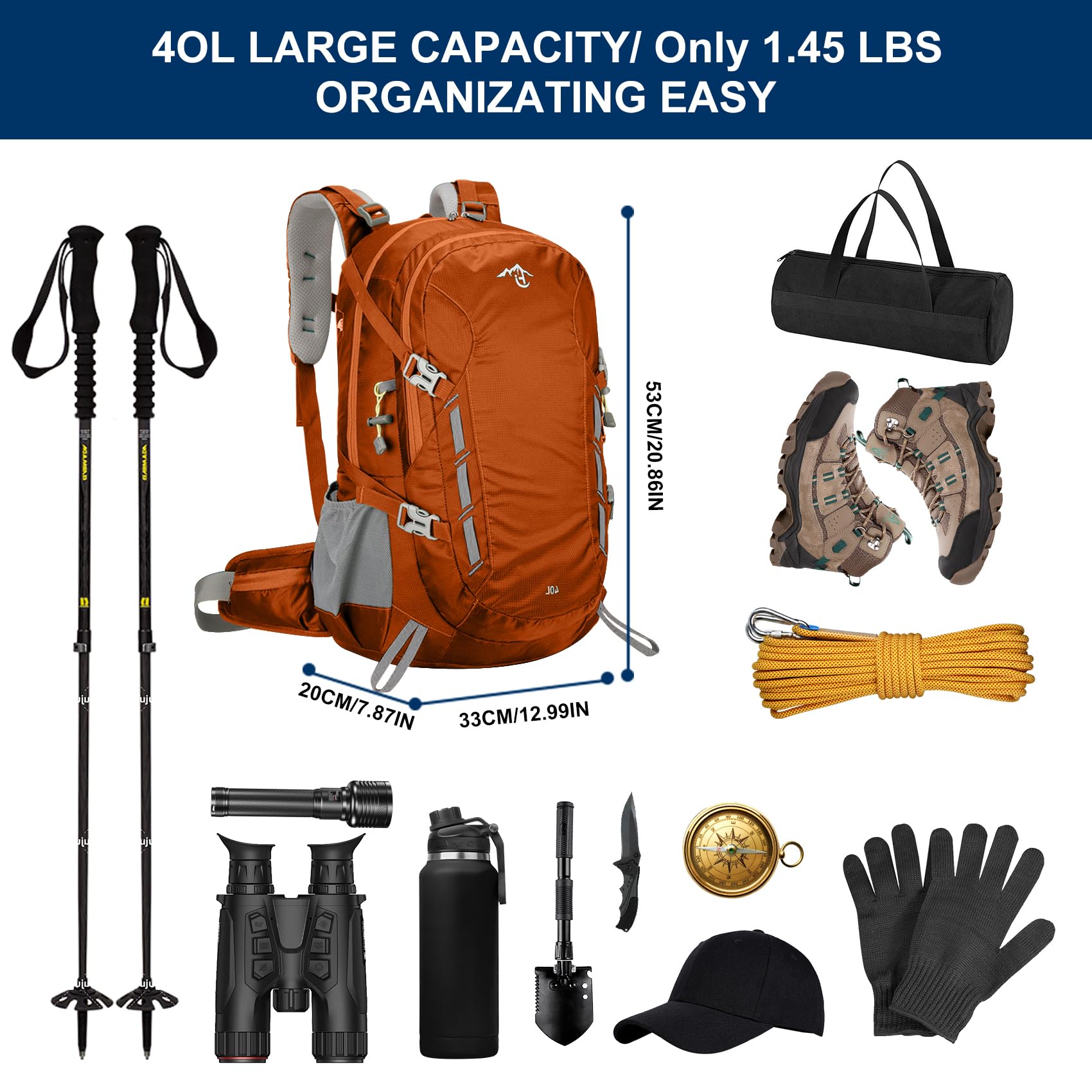 Long Keeper Zaino Trekking - Impermeabile 40L Campeggio Zainetto con Copri Pioggia Leggero Zaino Montagna Zaino di Sport Esterno per Arrampicata Sci Ciclismo Viaggi