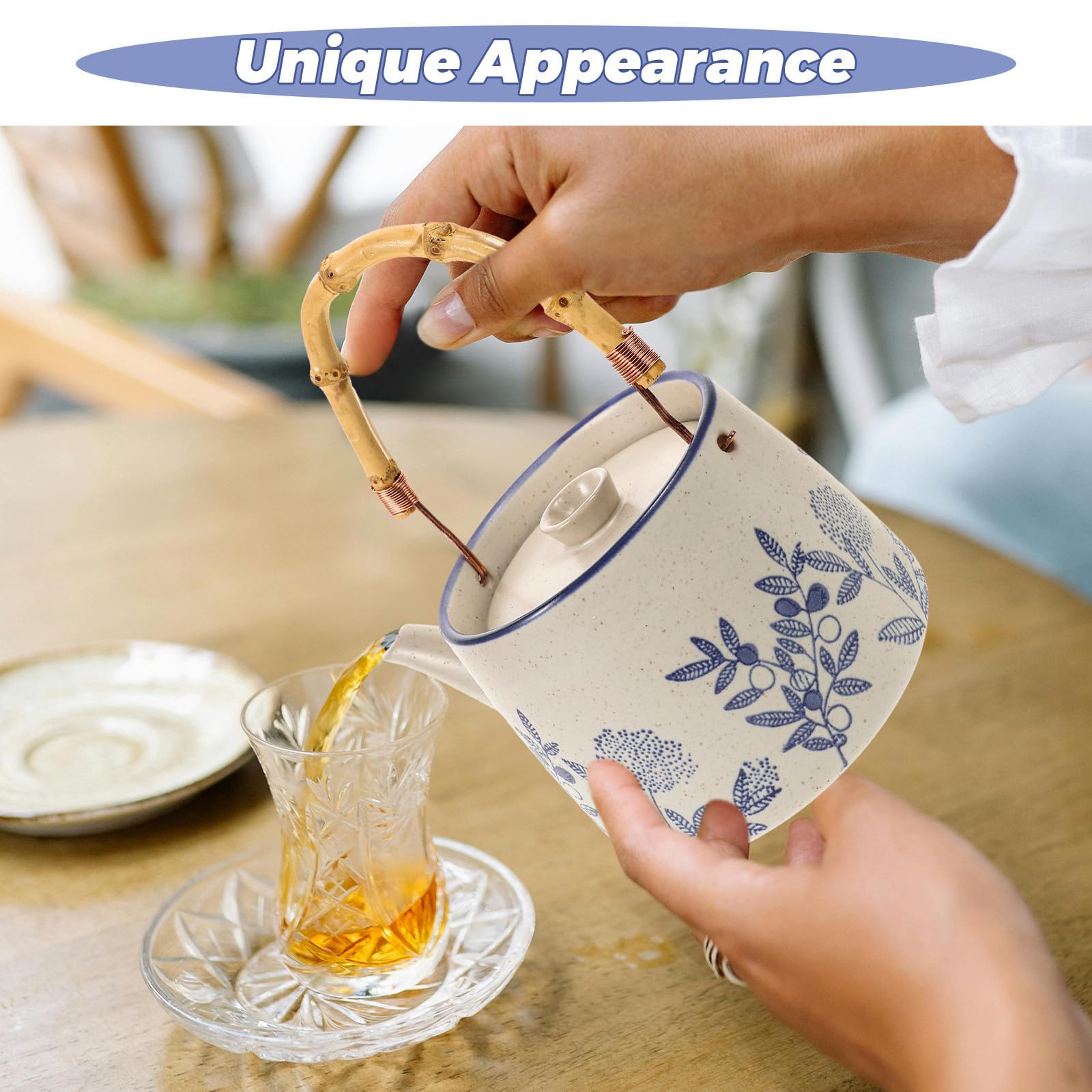 Tetera de Cerámica Vintage con Flores, Asa Portátil para Cocina