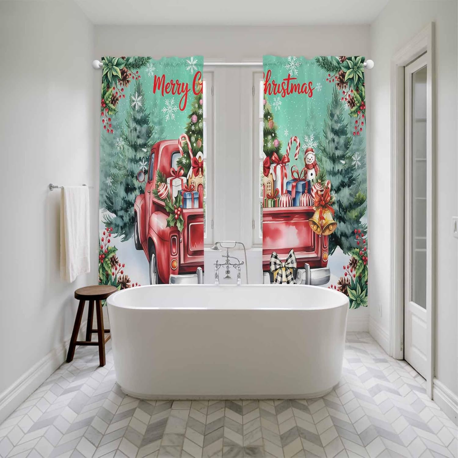 Christmas Window Curtains 72 Inch Long 2 Panel Set, Rod Pocket Long Curtains & Drapes, Red Truck Xmas Winter Snowman Gifts Forest Light Filtering Window Treatment for Bedroom Living Room 52"W x 72"L