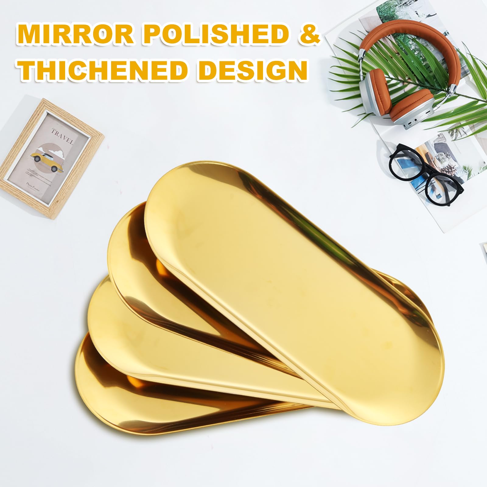 AKOLAFE Set di 4 vassoi da portata in acciaio inox dorati per servire cibo feste grandi vassoi in metallo decorativi lunghi 30,5 cm vassoi ovali piatti da portata ispessiti per intrattenere sushi