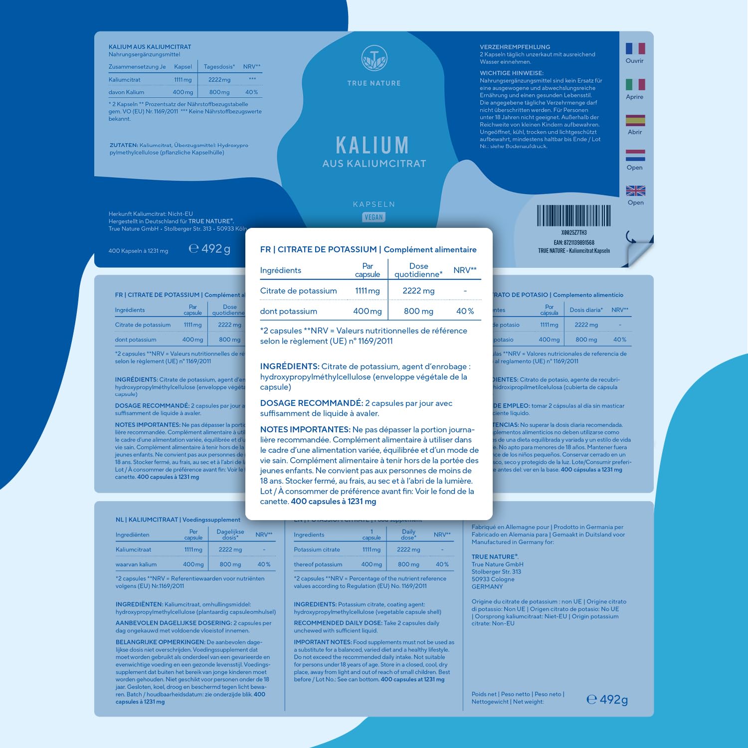 Citrate de Potassium 2.222 mg | 400 Gélules pour 200 jours - 800 mg Potassium Élémentaire - Complément Haute Dose - Vegan - Sans Additifs, Excipients, Gluten & Lactose | TRUE NATURE