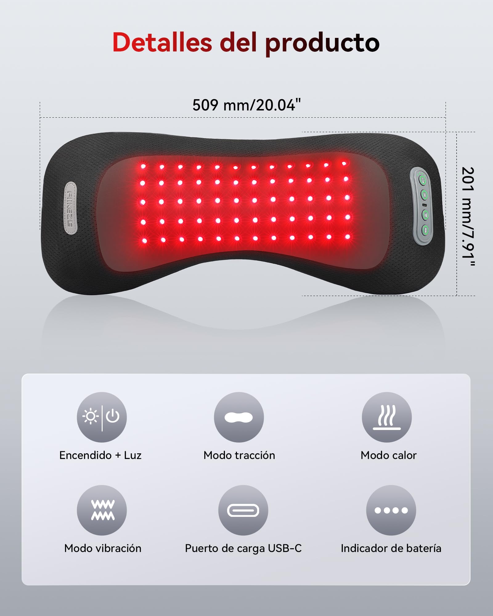 FliKEZE 4 en 1 Cojín de Masaje Lumbar con Luz Roja 5000mAh | Cojín de masaje inalámbrico y recargable con calor, vibración y soporte de aire para uso en casa, oficina y viaje