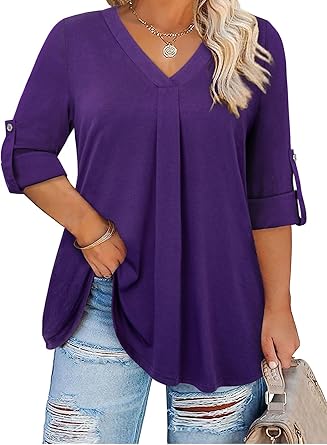 Plus Size Tops for Women V Neck Blouse Pleated Front Loose Fitting Tunic Top Dressy Casual Fall Clothes 2025