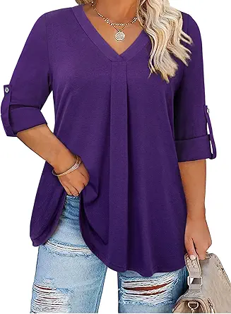 Plus Size Tops for Women V Neck Blouse Pleated Front Loose Fitting Tunic Top Dressy Casual Fall Clothes 2025
