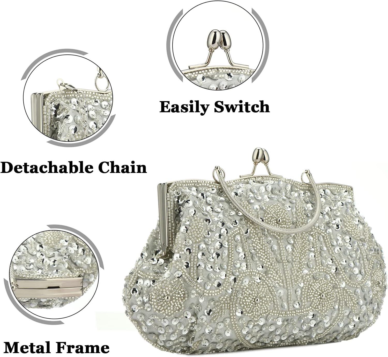Women Vintage Beaded Evening Clutch Vintage Design Sequin Floral Top-handle Handbag Party Wedding Purse Wallet (Silver)