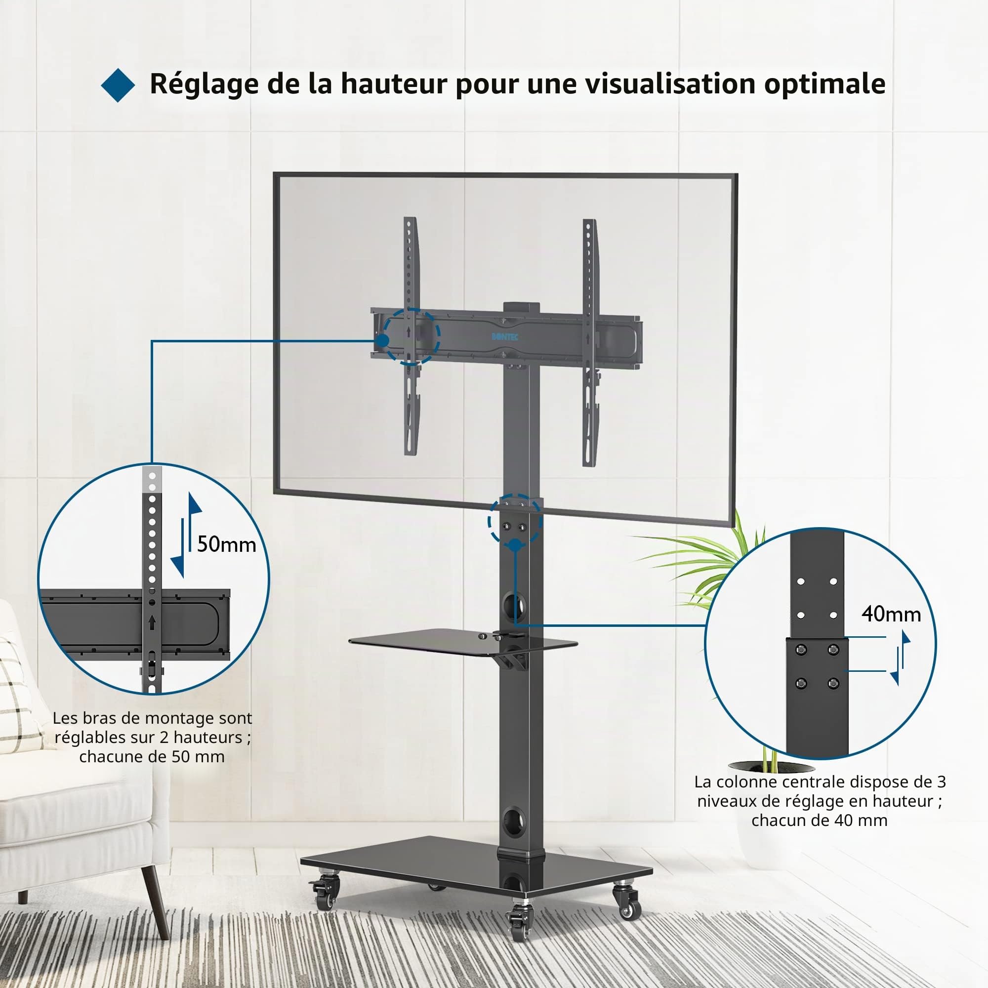 BONTEC Support TV roulettes Support Tele Mobile pour Téléviseurs Plasma/LCD/LED de 30 à 70 Pouces jusqu'à 40 kg, 6 réglages de Hauteur avec étagères en Verre trempé à 2 Niveaux, Max VESA 600x400 mm