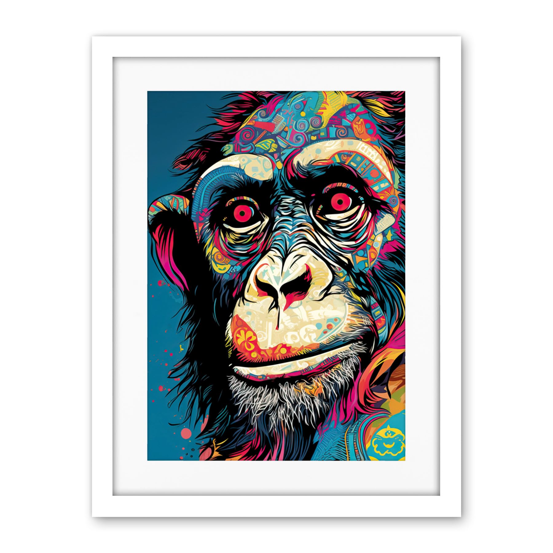 Artery8 Chimpanzee Acrylic Painting Vibrant Psychedelic Pattern Portrait Modern Artwork Framed Wall Art Print 18X24 Inch