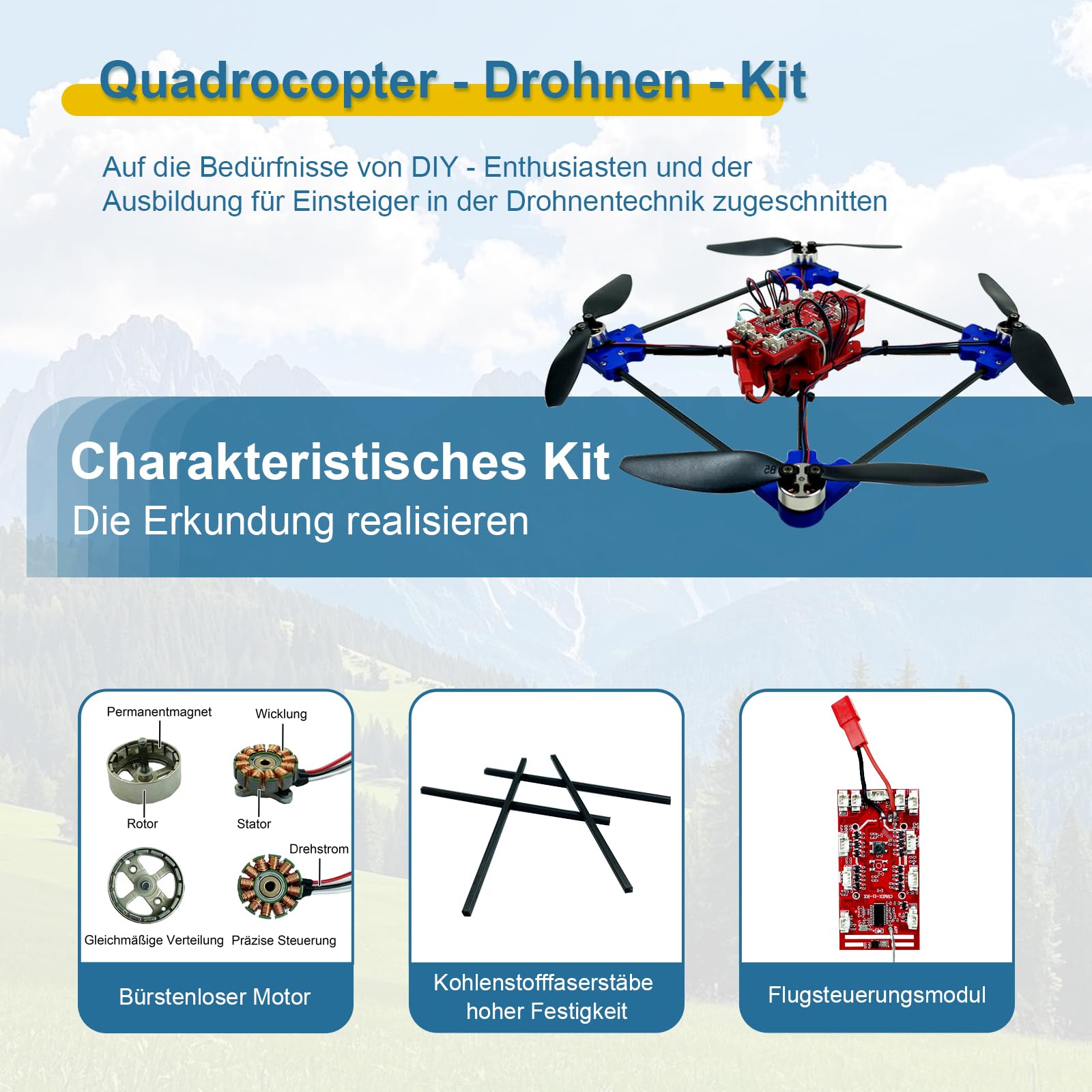 Quadrotor-Drohnen-DIY-Kit Ein einzigartiges STEM-Projekt mit Bürstenlosem Motor, optischem Flussschweben, Ein-Klick-Start und -Landung sowie 360°-Umdrehung für DIY-Enthusiasten, um die Grundlagen der