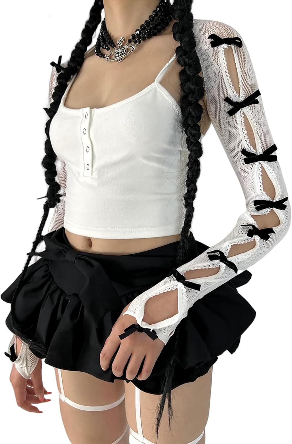 Women's Mesh Lace Shrug Crop Top Y2K Aesthetic Grunge Arm Sleeves Cardigan with Bow Going Out Shirts Summer