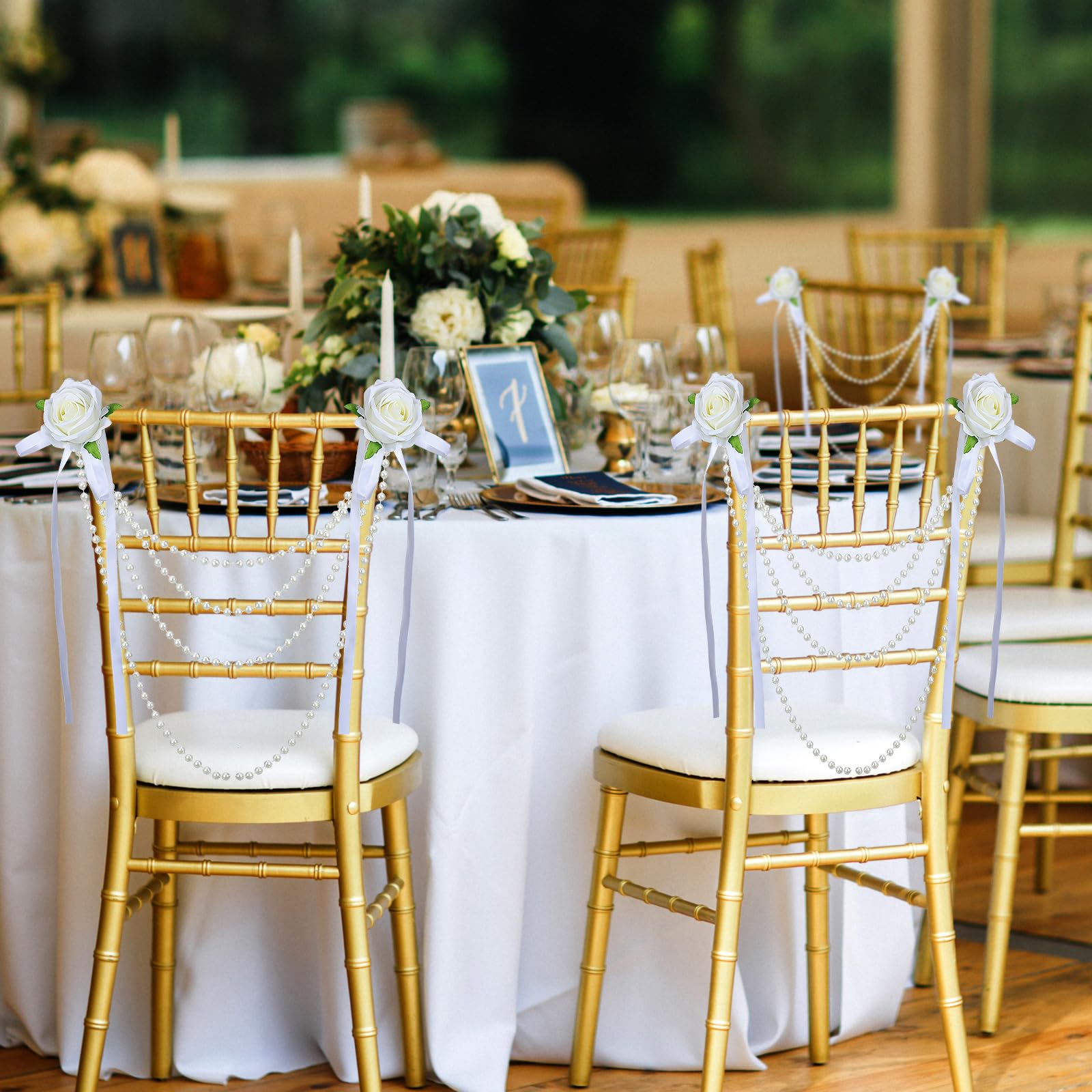 Wonderjune 16 Stück Perlenperlen Hochzeit Stuhl Girlande Dekoration Künstliche Rose mit Kunstperlen Perlenschnur Brautdusche Stuhl Schärpe Kokette Rückdekoration für Hochzeitszeremonie Party Bankett