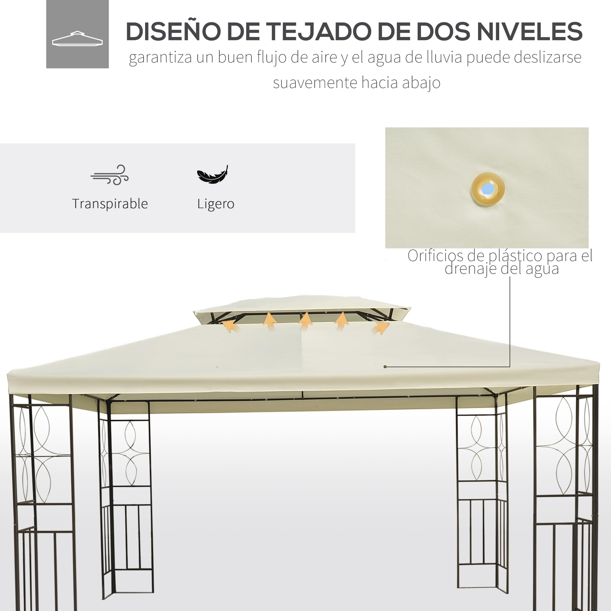 Outsunny Cenador de Jardín 3x4m Pabellón para Exterior con Doble Techo de Ventilación y 4 columnas de acero Estable para Fiestas Eventos Patio Crema