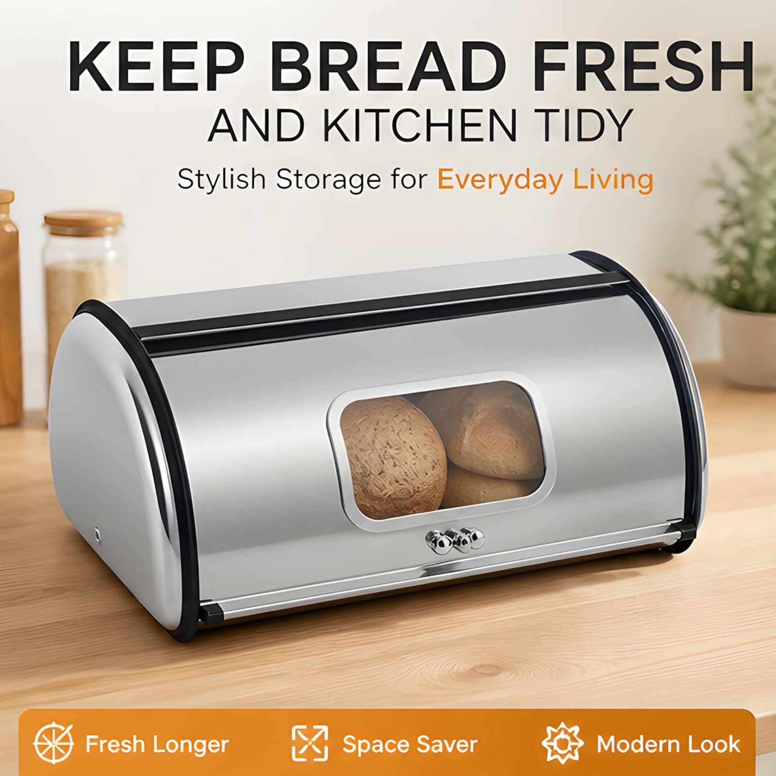 PANGBOER Contenedor de almacenamiento de pan con ventana de visualización, diseño enrollable de acero inoxidable, organizador de mostrador ventilado, soporte para repostería de cocina, recipiente