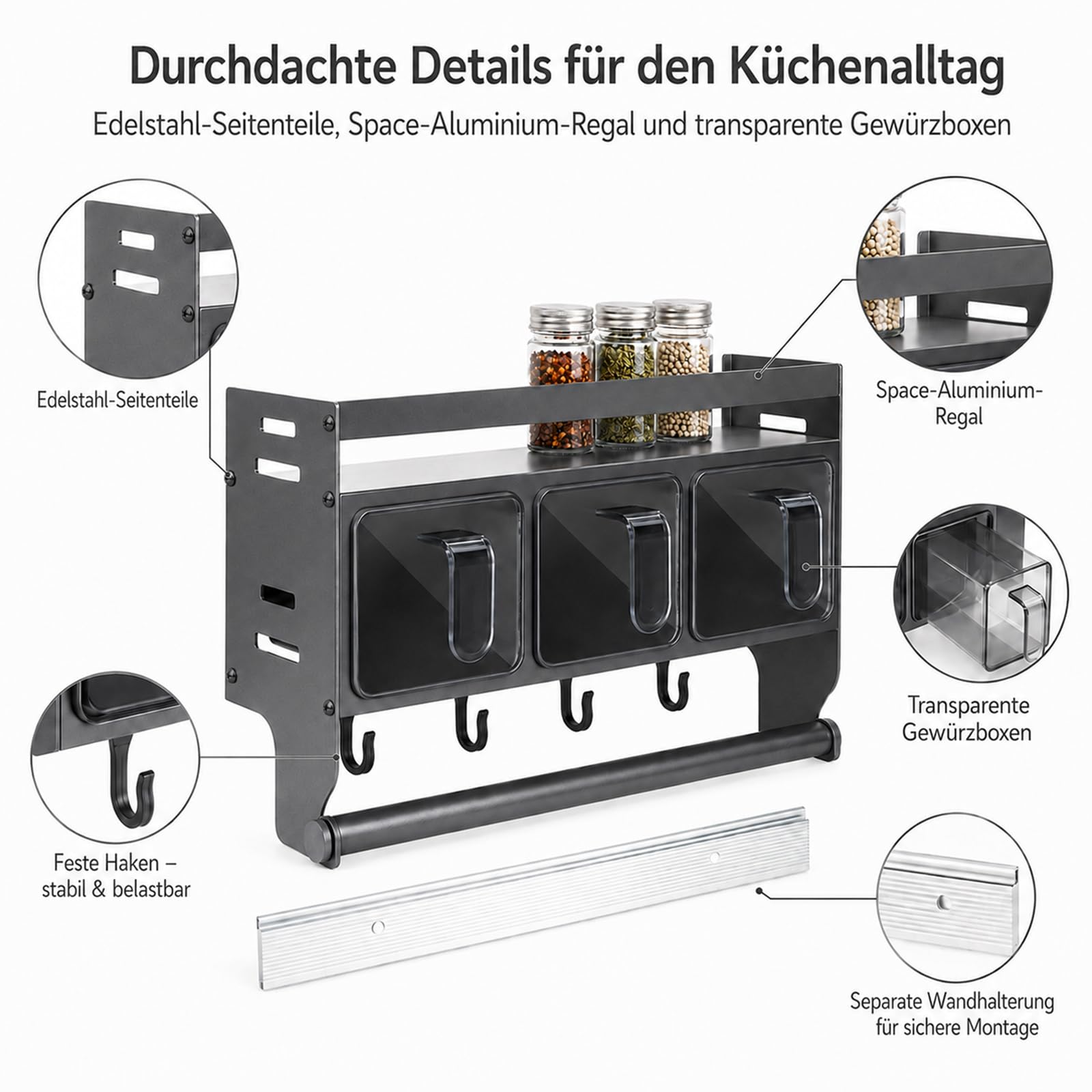 Küchenregal Wand, Gewürzregal Hängend, Gewürzregal Mit Küchenrollenhalter Gewürzständer Wand Aus Metall Gewürz Organizer Regal Für Küchen Arbeitsplatte Schrank (mit 3 Gewürzbox)
