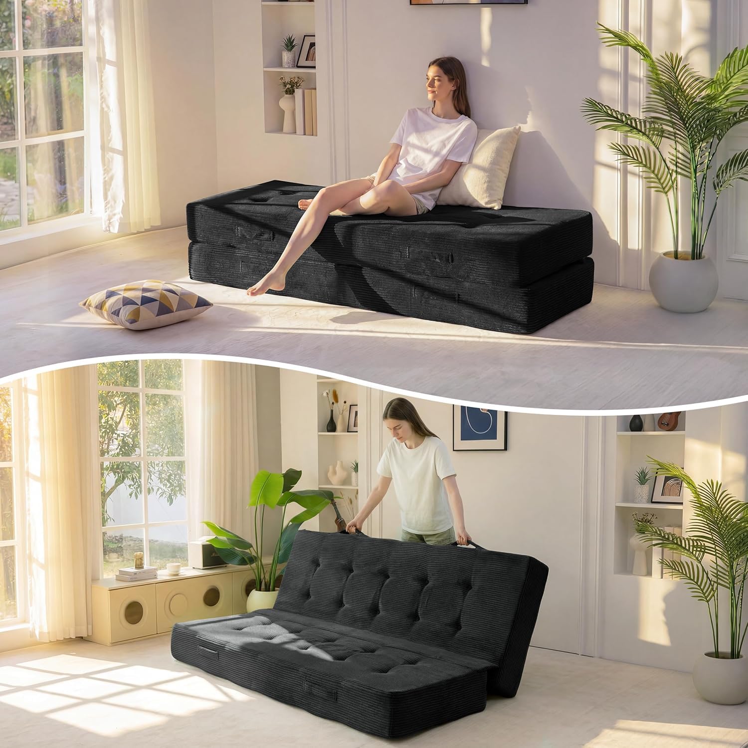 MAXYOYO Foldable Mattress, 20cm Tufted Futon Mattress with Handles | Tufted Floor Sofa Bed and Versatile Mattress, Carry Handles for Living Rooms or Guest Rooms, Frame Not Included