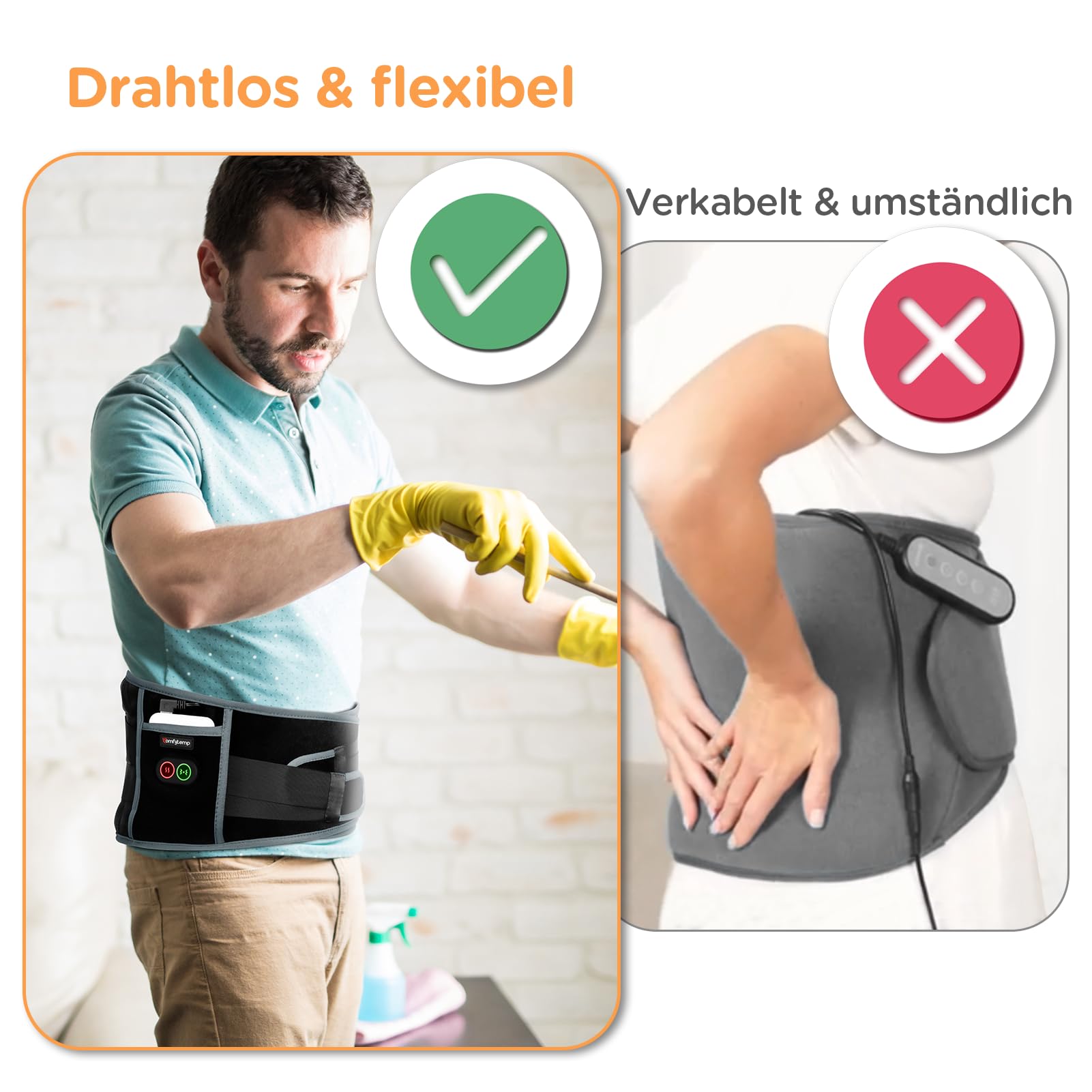 Comfytemp Wärmegürtel Vibrationsmassage für Rücken mit 25Wh Akku,155x20cm Kabellos Massagegerät mit Kompressionsband, Rückenwärmer Heizgürtel USB Heizkissen Geschenke für Mütter, Frauen, Mama, Papa