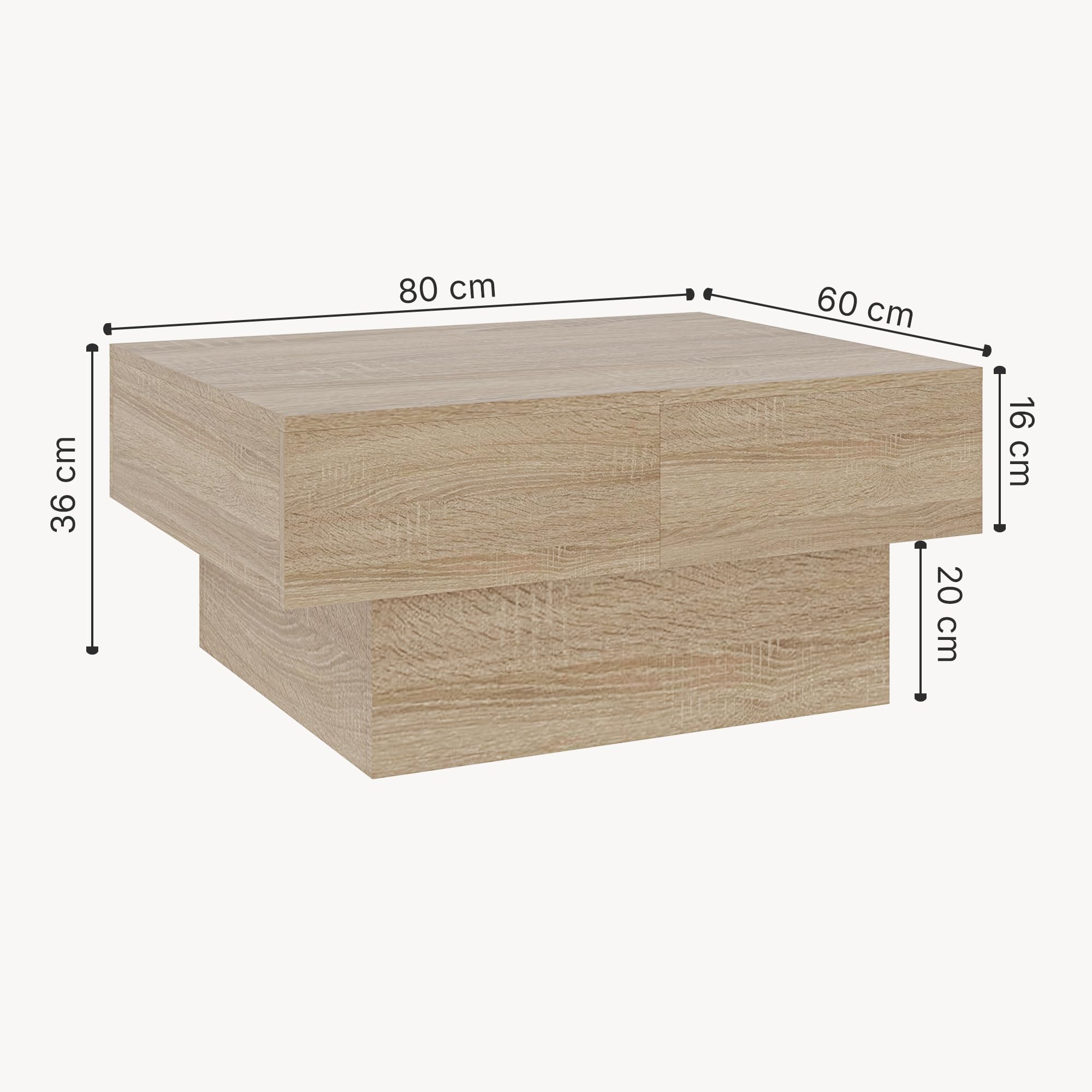[en.casa] Tavolino da Caffè con Piano Rettangolare Scorrevole e 2 Scomparti Tavolo Basso Centrale da Salotto a 2 Vani Portaoggetti Chiusi 80 x 60 x 36 cm per Soggiorno - Effetto Rovere