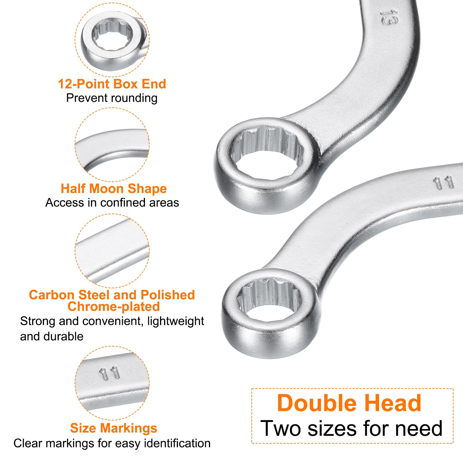 Chiavi A Cricchetto A Mezza Luna - 11mm E 13mm - Doppia Estremità 12 Punti - In Acciaio CR-V - Foto 2