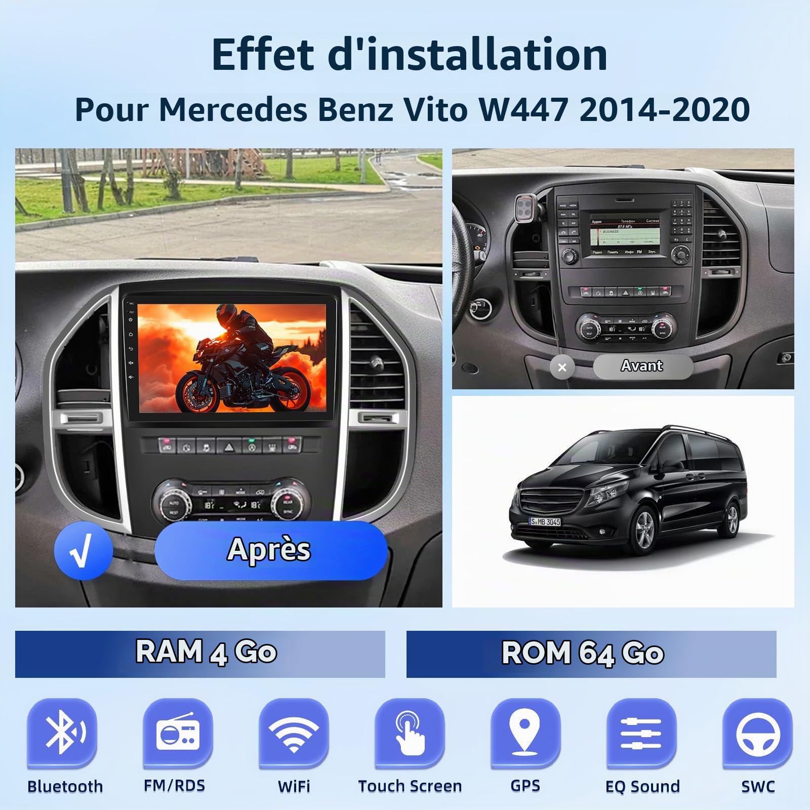 [4G+64G] Android Autoradio pour Mercedes Benz Vito W447 2014-2020 avec Carplay & Android Auto sans Fil, Écran Tactile IPS 10,1 Pouces avec GPS, WiFi, 32EQ, Bluetooth 5.0, Radio FM/RDS