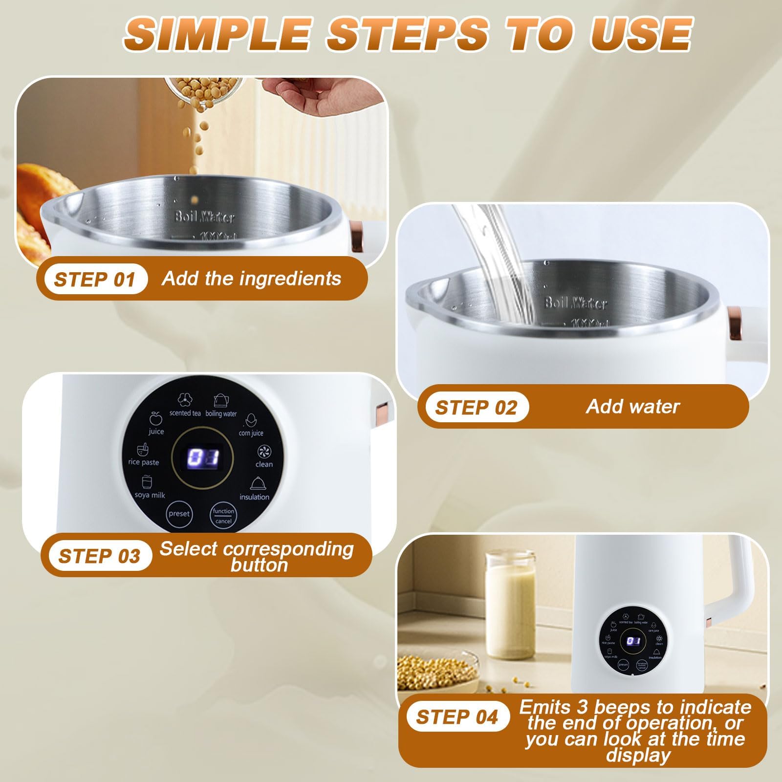 Nussmilchbereiter 1L Sojamilchbereiter 8-in-1 mit LED-Anzeige, Timer, Auto-Clean, Filterfrei, Warmhaltefunktion für Selbstgemachte Soja, Mandel, Hafermilch und Brei