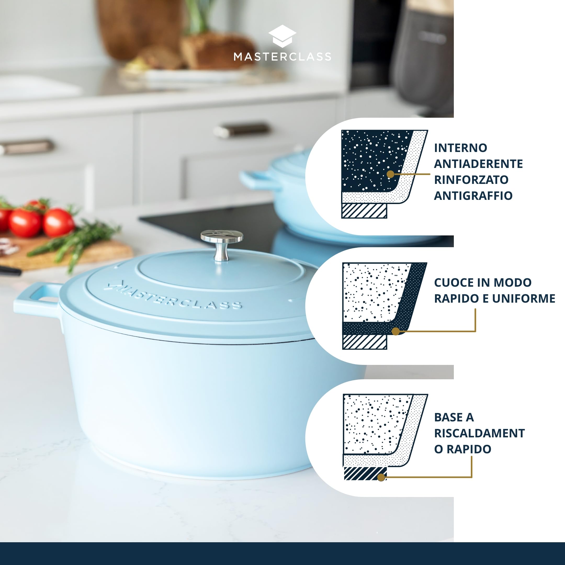 MasterClass Casseruola con coperchio, grande 5L/28 cm, leggera in alluminio fuso, sicura per forno e piano cottura a induzione, blu cielo