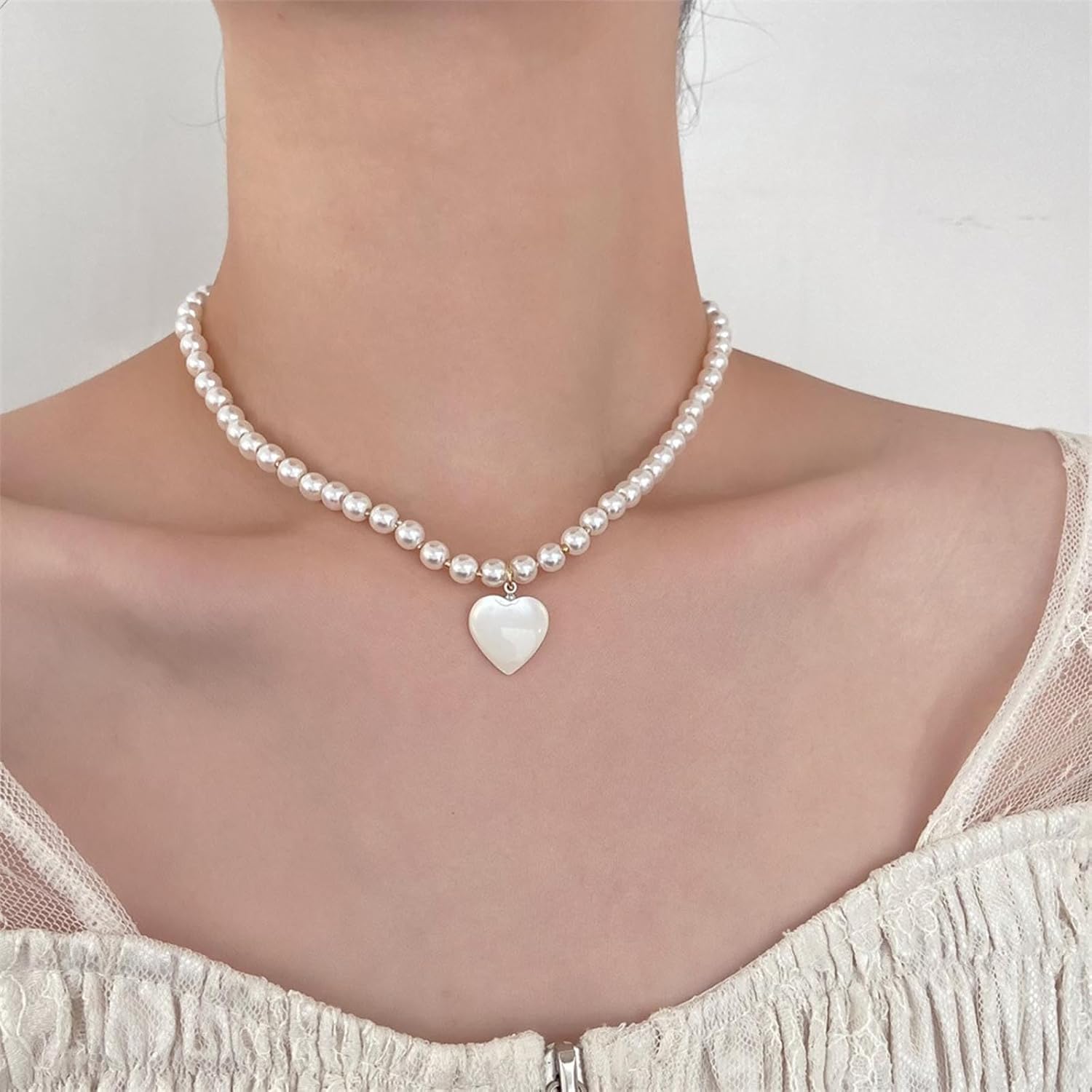 Boho Moonstone Heart Pendant Necklace Gold Love Heart Necklace Chain Pearl Choker Necklace Birthstone Heart Necklace Vintage Pearl Beaded Necklace Jewelry for Women and Girls Gifts - Image 9