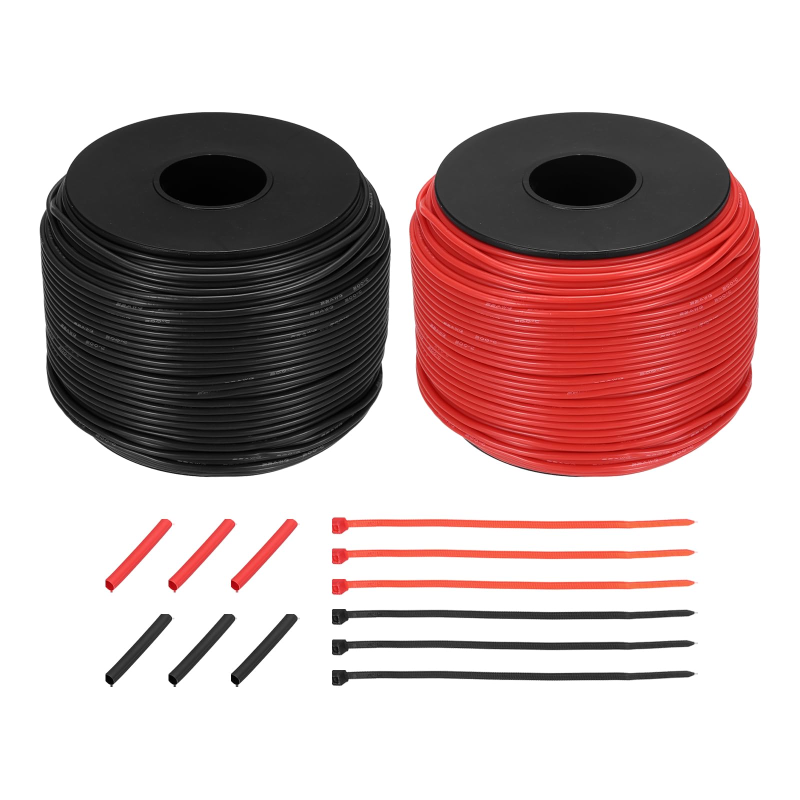 sourcing map 2pcs 24 AWG Silicone Electrical Wire Spool, 24 Gauge 91.4m/300ft Tinned Copper Electrical Wires with Heat Shrink Tubing & Cable Ties for Automotive, RV Inverter - Red & Black